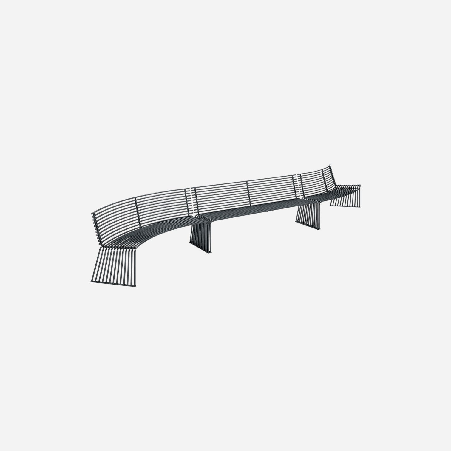 Addo Shop ZEROQUINDICI.015 modular black metal bench with backrest and curved slatted design for modern public spaces.