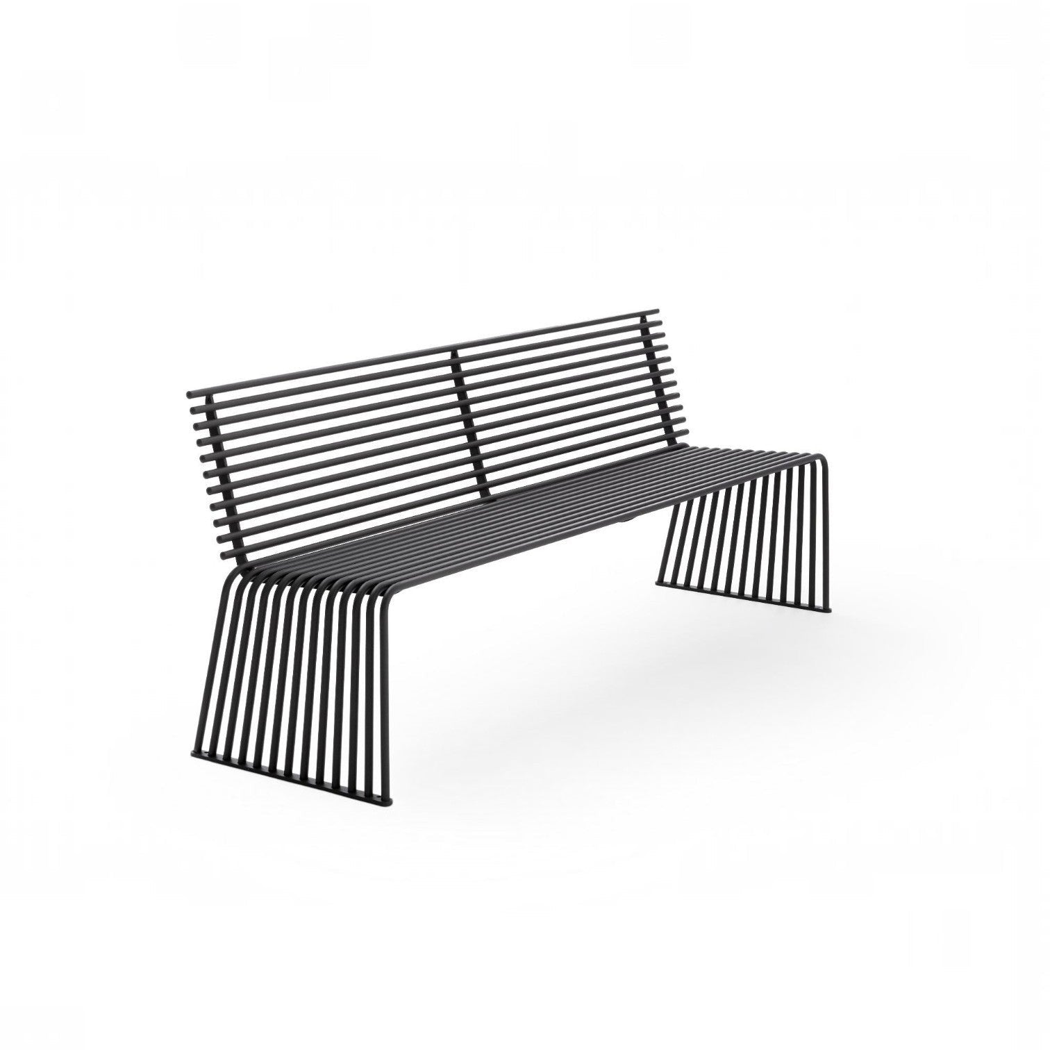 Addo Shop Zeroquindici .015 black metal outdoor bench with a slatted backrest and modern minimalist design.