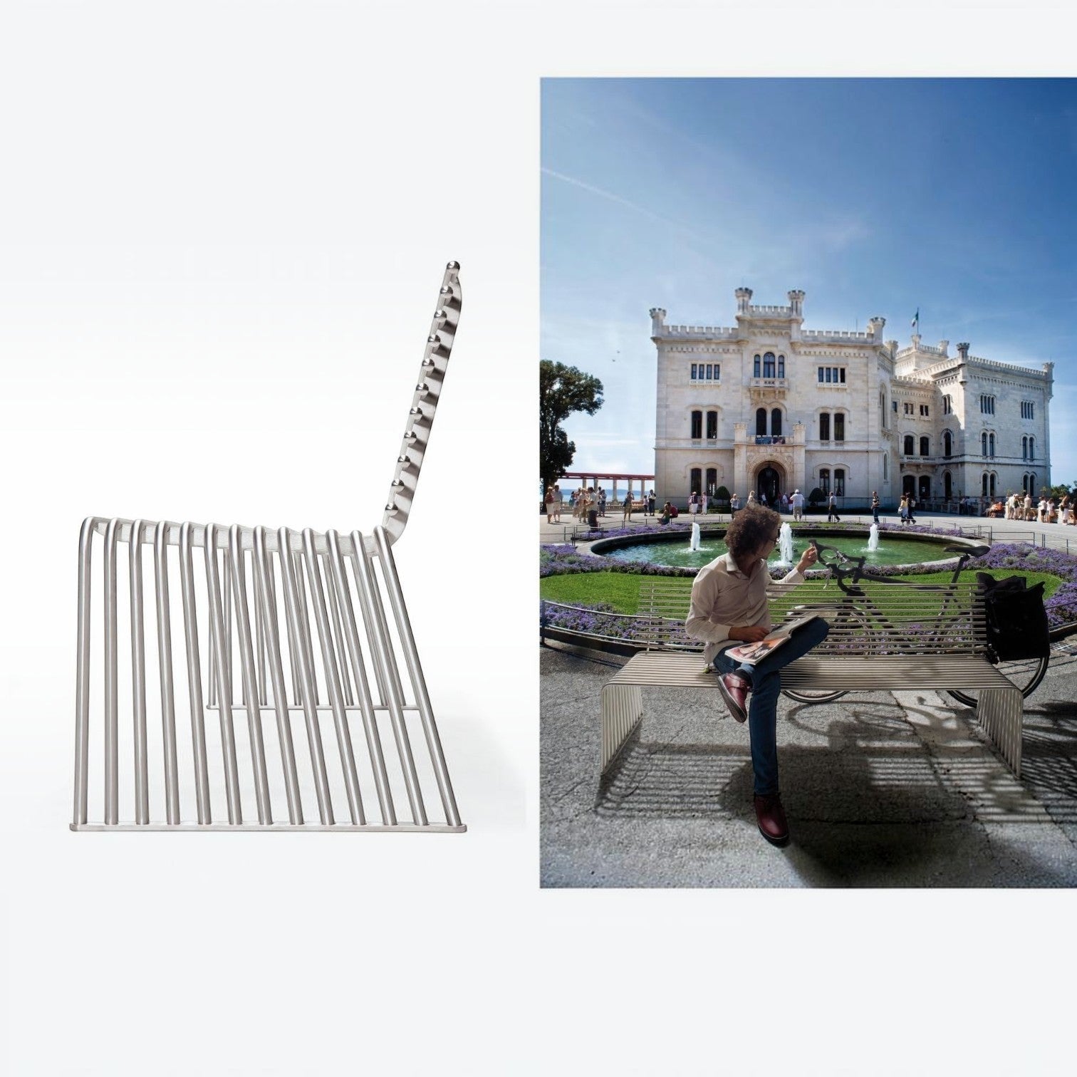 Addo Shop Zeroquindici .015 metal bench with backrest, featuring a slatted design in an outdoor park setting.
