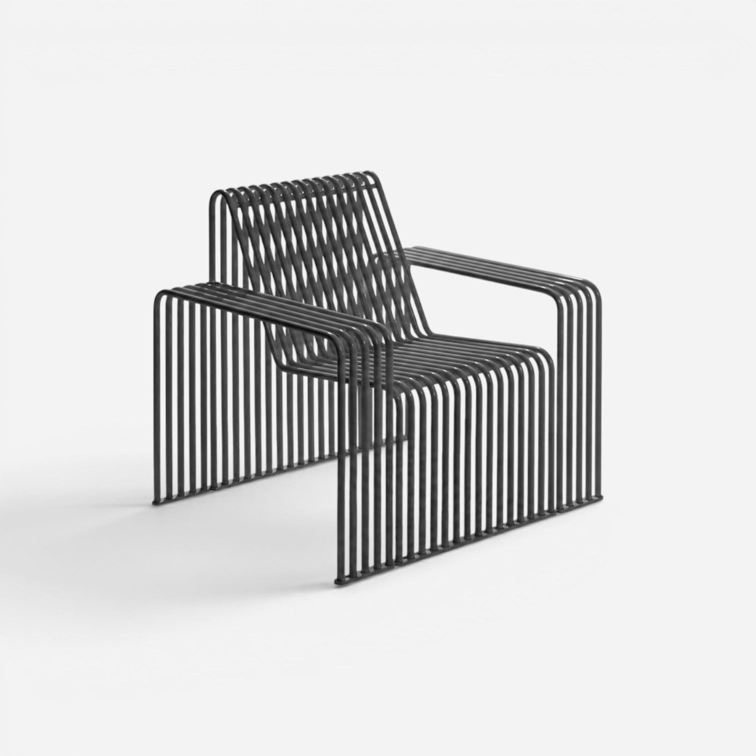 Addo Shop Zeroquindici .015 modern charcoal grey metal lounge chair with a slatted linear design and armrests.