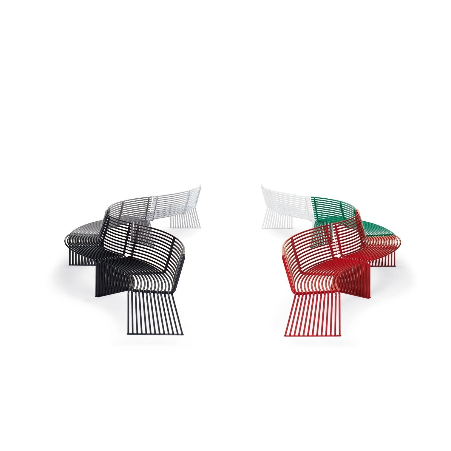 Addo Shop ZEROQUINDICI.015 modular metal bench with backrest in various colors featuring a sleek slatted design.