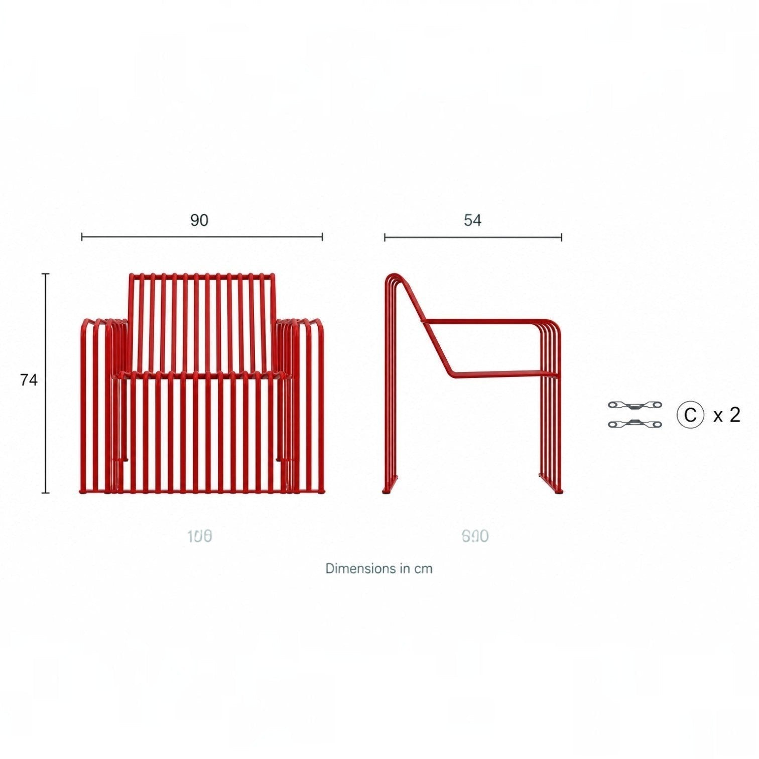 Addo Shop Zeroquindici .015 red metal slatted armchair with armrests, shown with front and side dimension views.