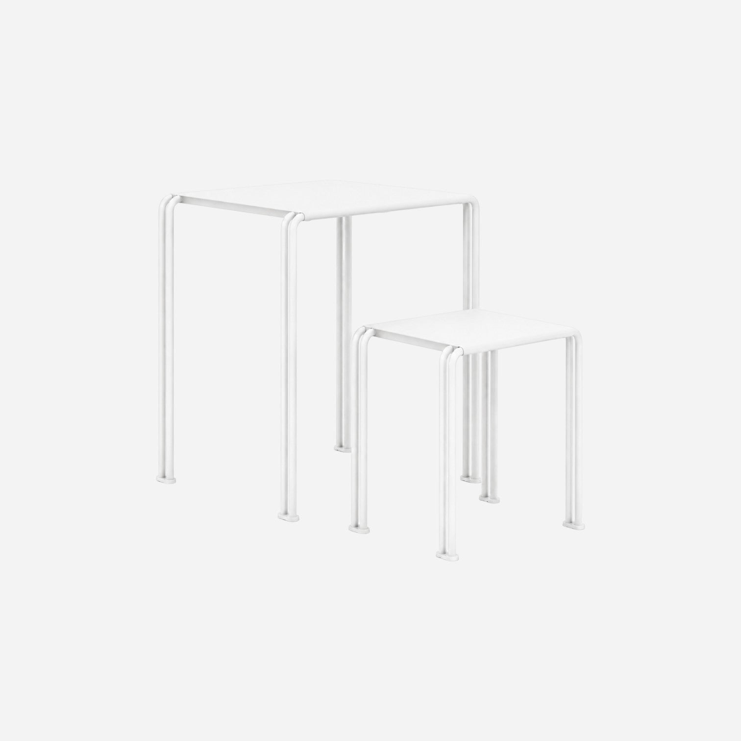 Addo Shop Zeroquindici .015 School white metal table and stool set with minimalist tubular frame design.
