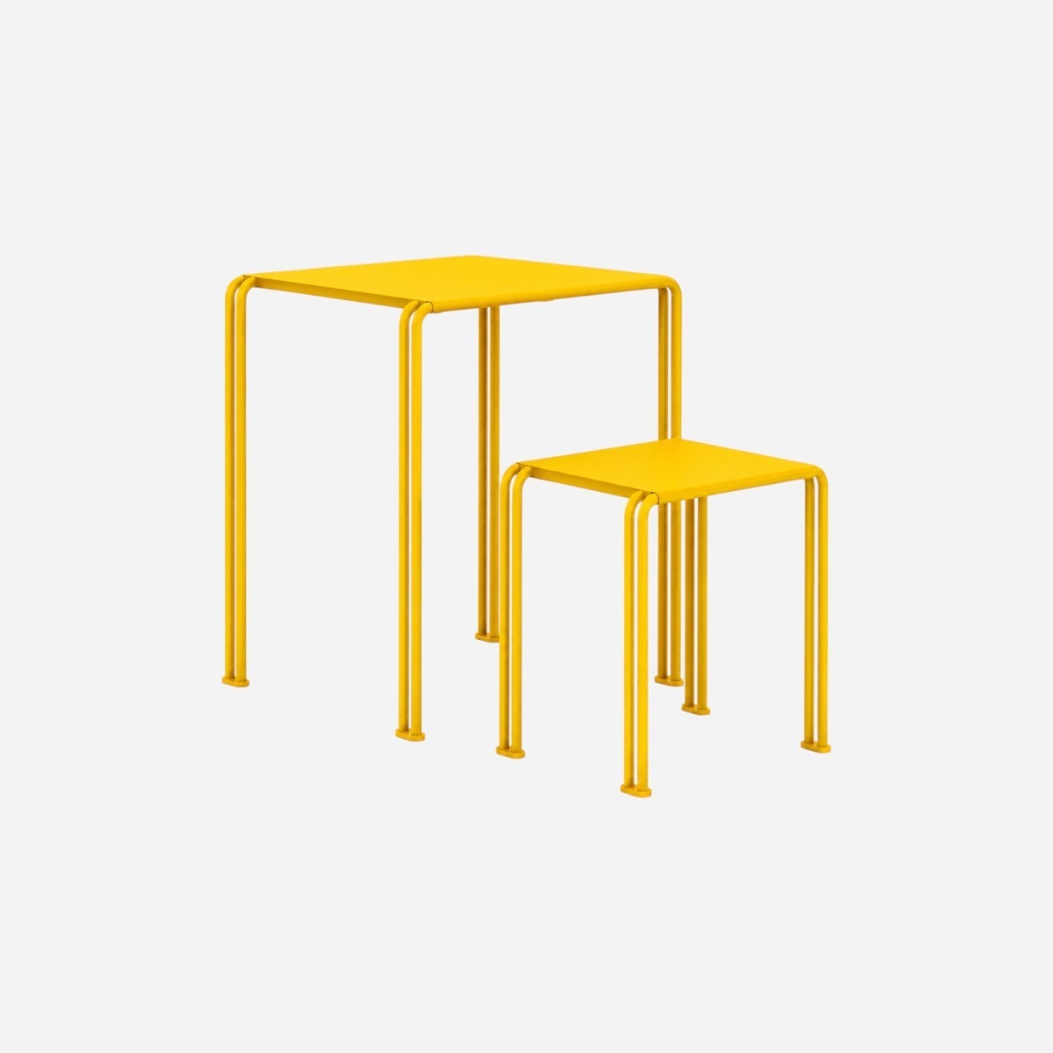 Addo Shop Zeroquindici .015 School yellow metal table and stool set with minimalist tubular frame design.
