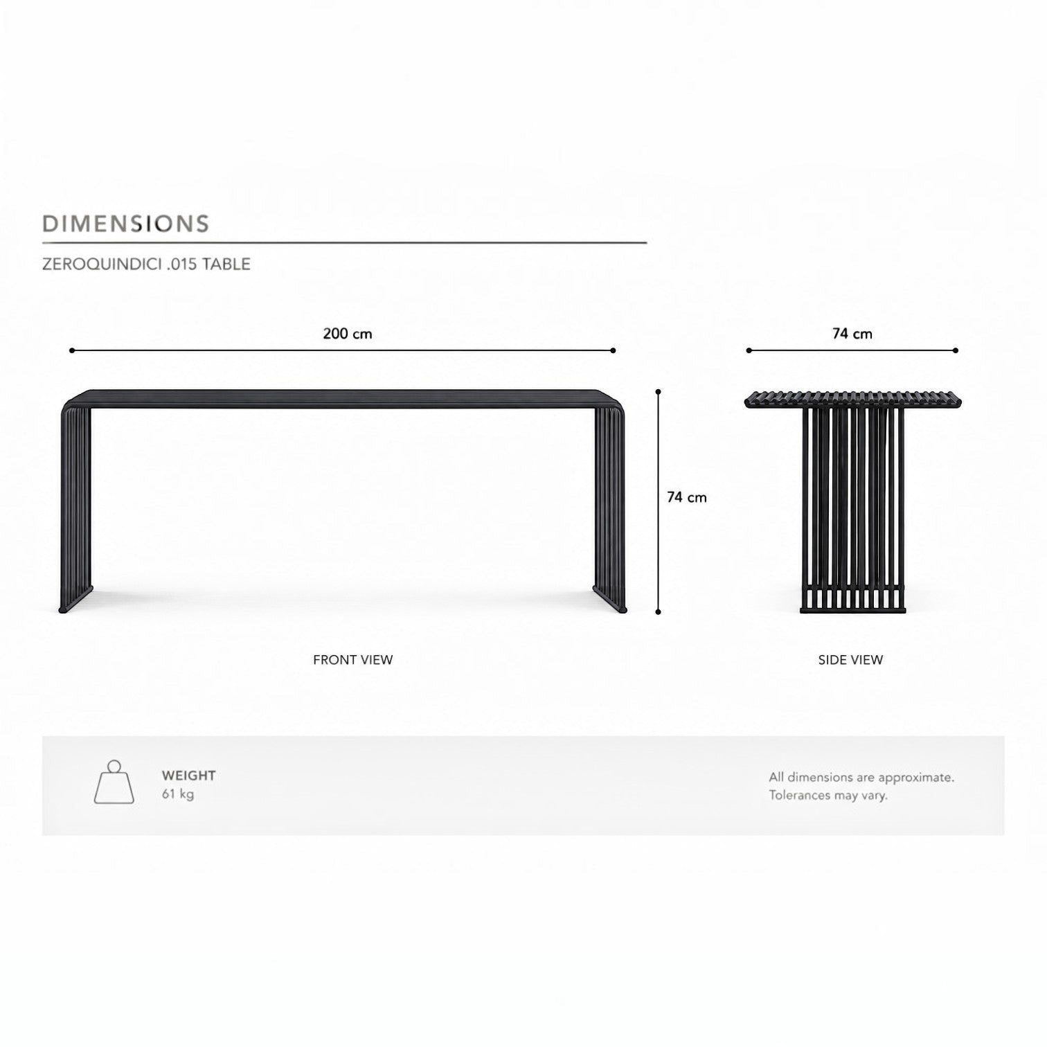 Addo Shop Zeroquindici .015 black metal slatted dining table with front and side view dimensions