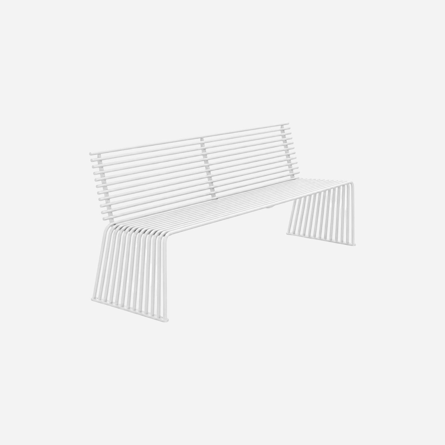 Addo Shop Zeroquindici .015 white metal bench with backrest and modern slatted design for outdoor or indoor use.