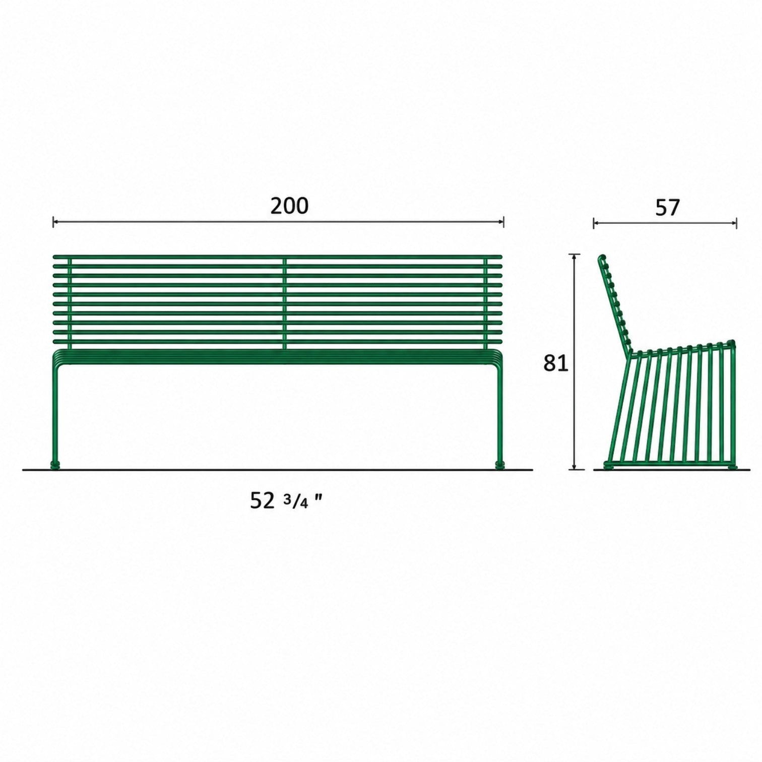 Addo Shop Zeroquindici .015 green metal outdoor bench with backrest, shown with technical dimensions.