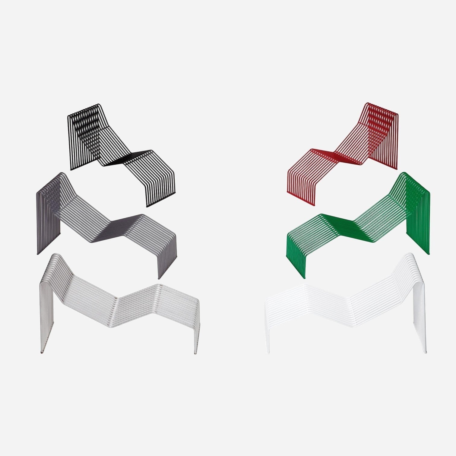 Addo Shop Zeroquindici .015 metal wire chaise longue chairs in black, red, green, white, and grey finishes.