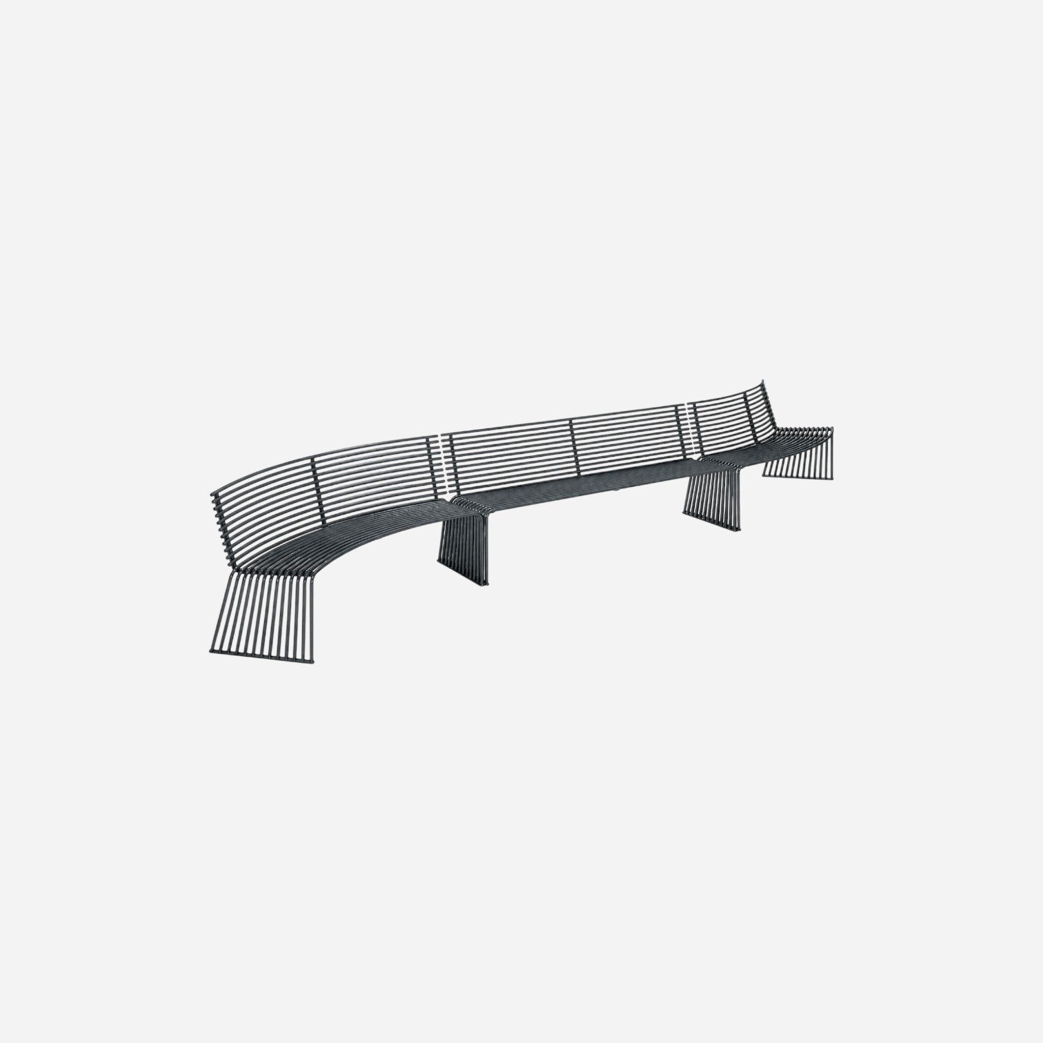 Addo Shop Zeroquindici .015 convex outdoor bench with backrest in black metal rod construction on white background.