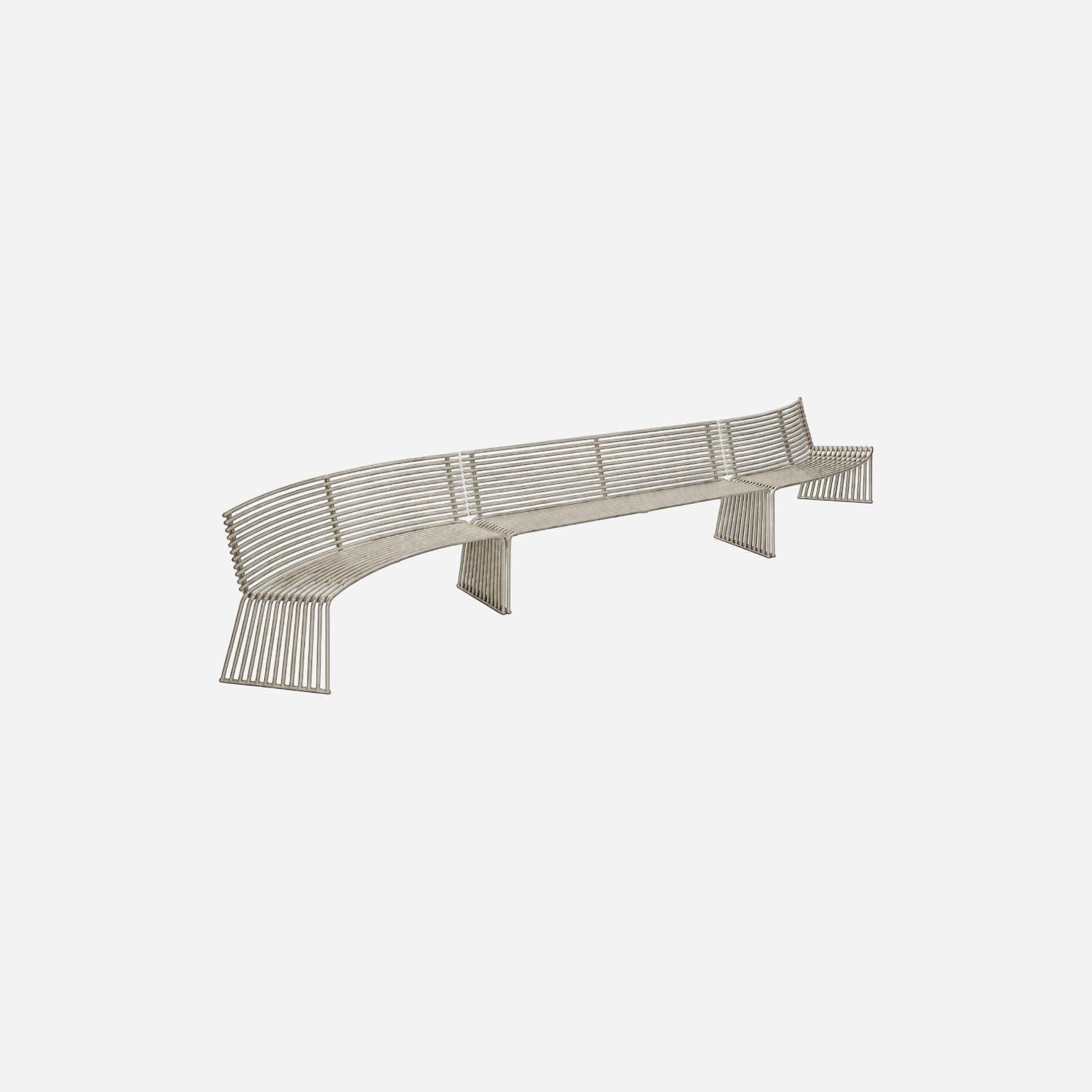 Addo Shop Zeroquindici .015 convex outdoor bench with backrest in a light grey slatted metal design.