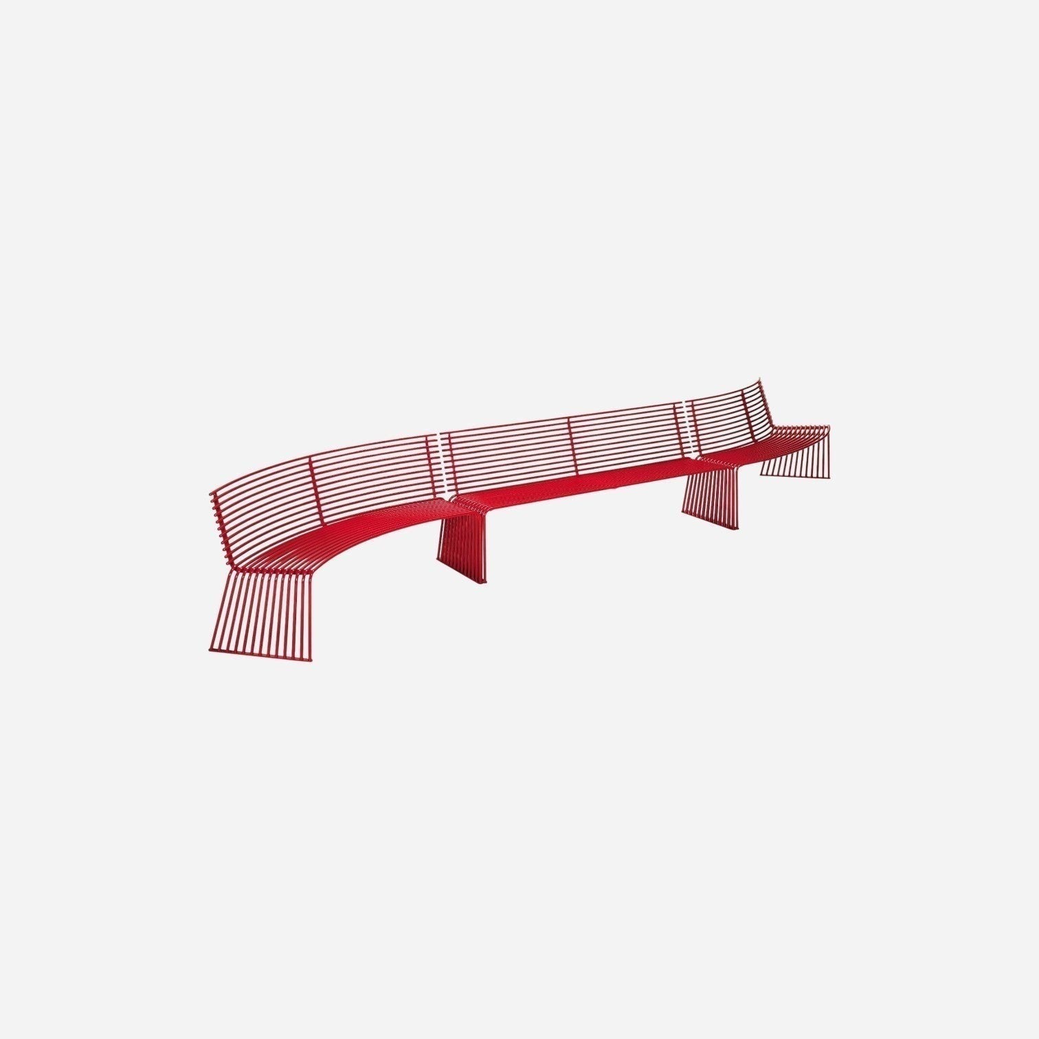 Addo Shop Zeroquindici .015 red metal convex bench with backrest and slatted design for modern outdoor seating.