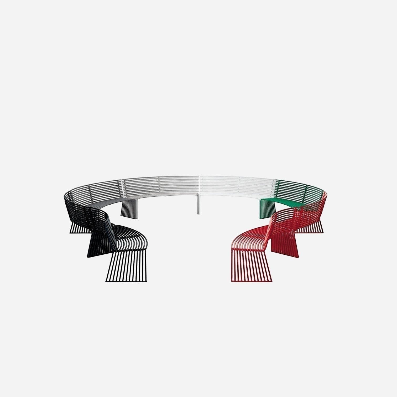Addo Shop Zeroquindici .015 modular convex metal bench with backrest in a multi-colored slatted design.