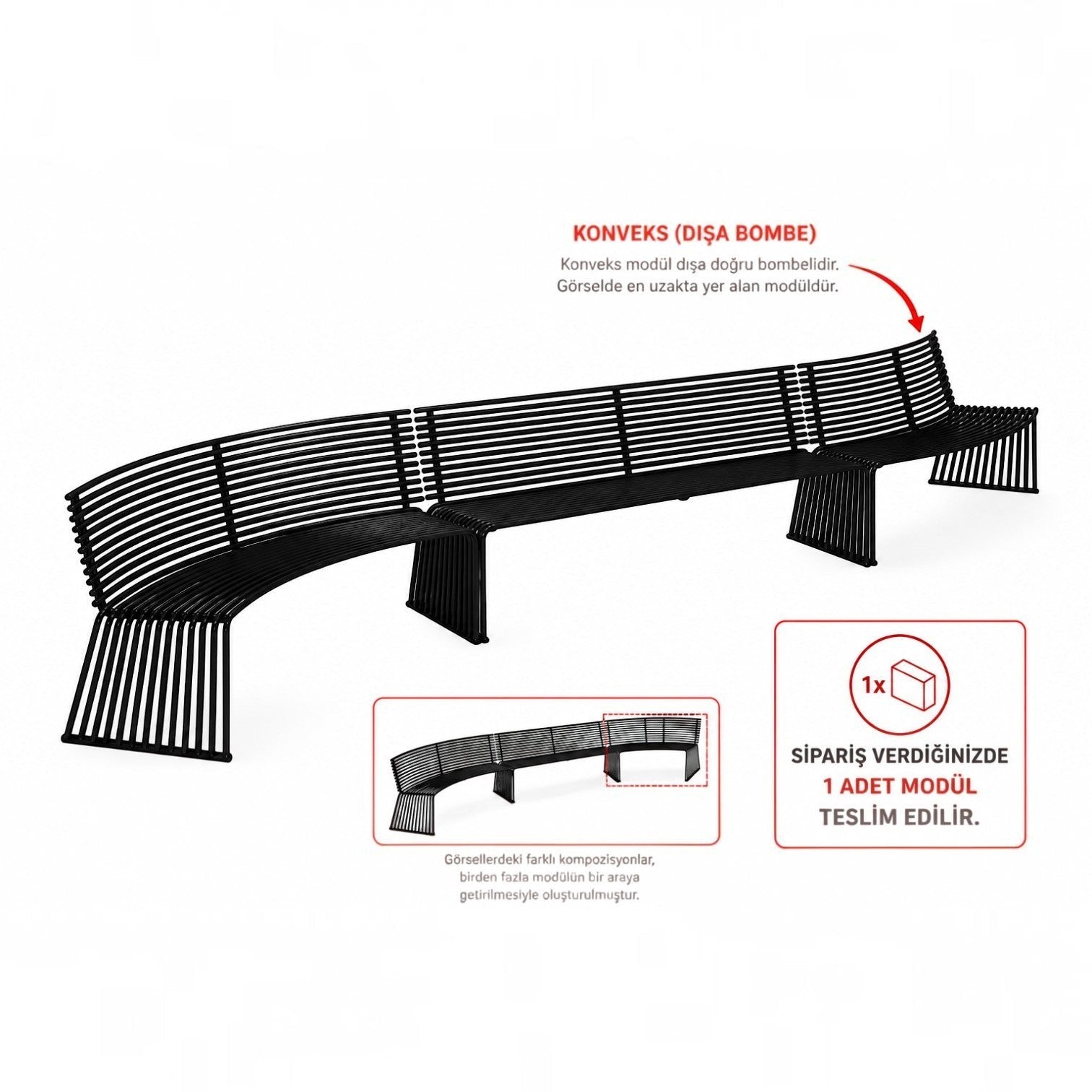 Addo Shop Zeroquindici .015 black metal convex outdoor bench with backrest and slatted design