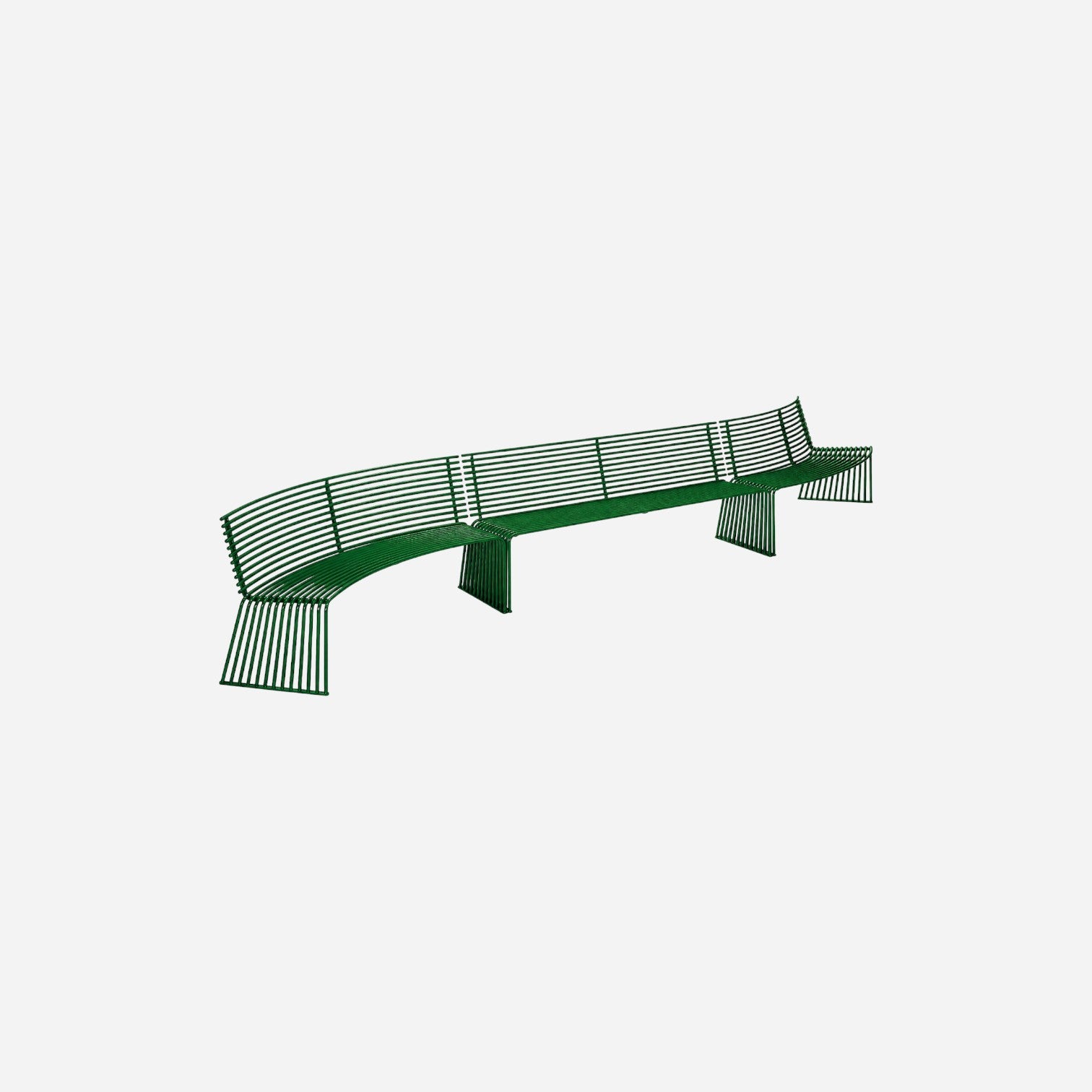 Addo Shop ZEROQUINDICI.015 curved green metal bench with backrest and slatted design for modern outdoor seating.