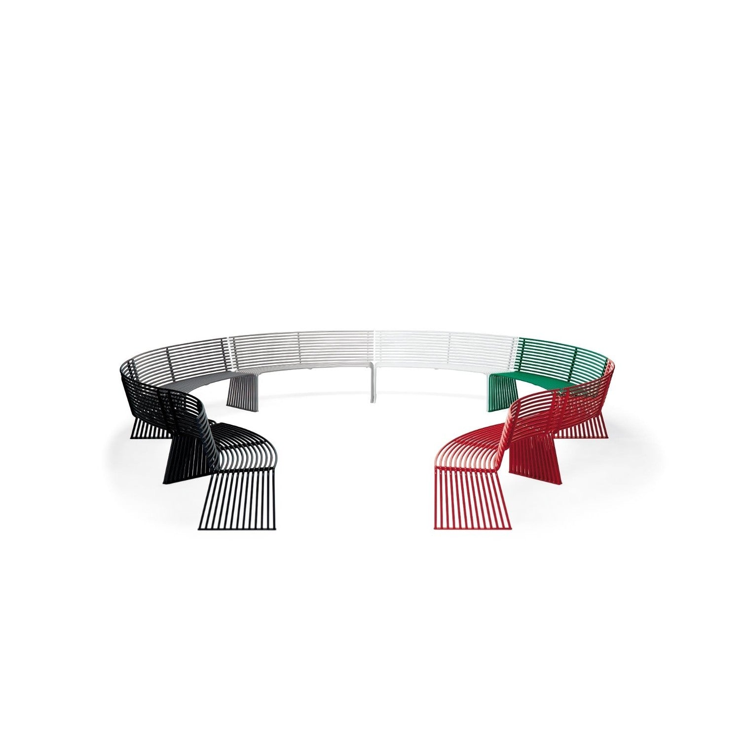 Addo Shop ZEROQUINDICI.015 modular curved metal bench with backrest in a multi-colored slatted design.
