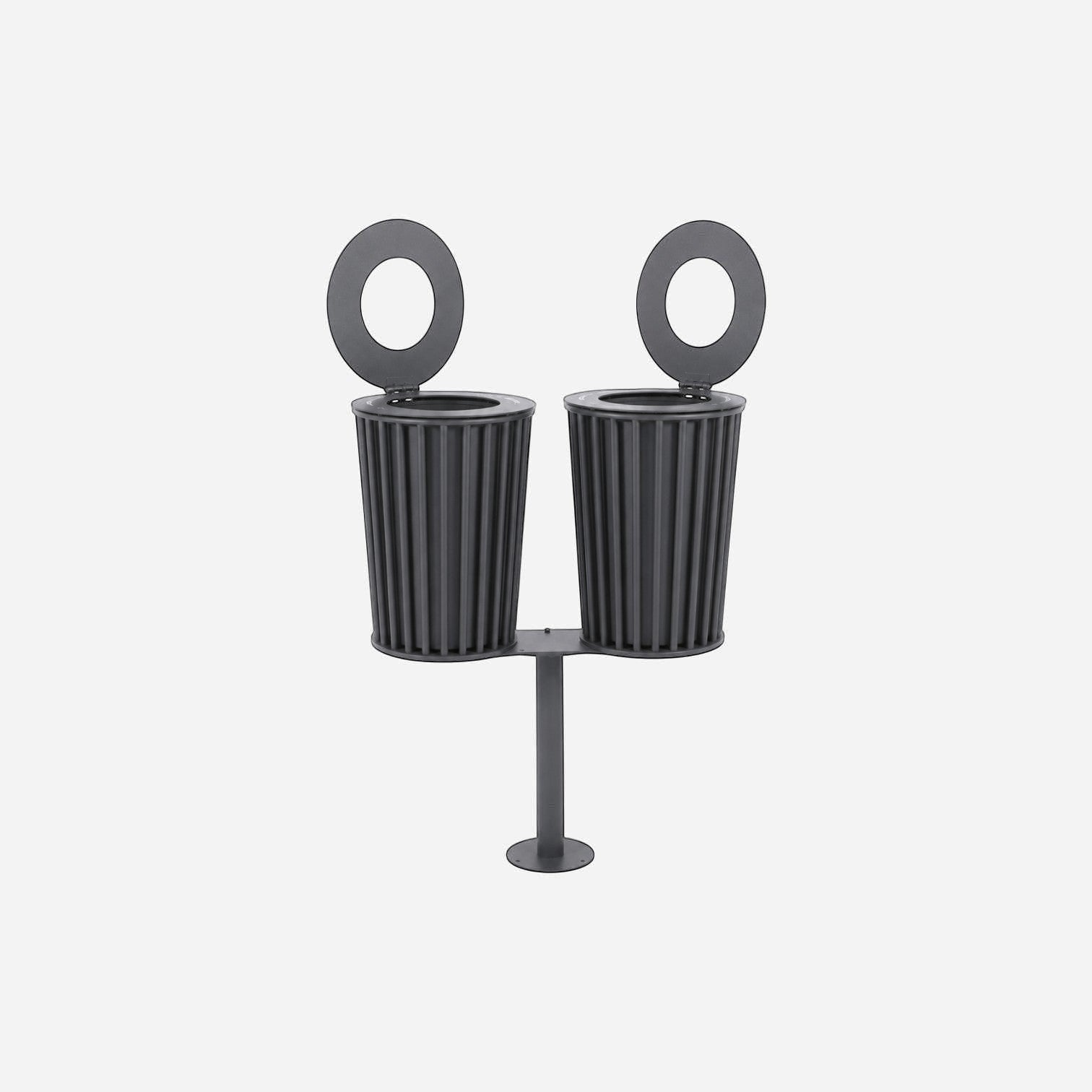 Addo Shop Zeroquindici .015 small double litter bin in dark grey metal with circular lid openings for public spaces.