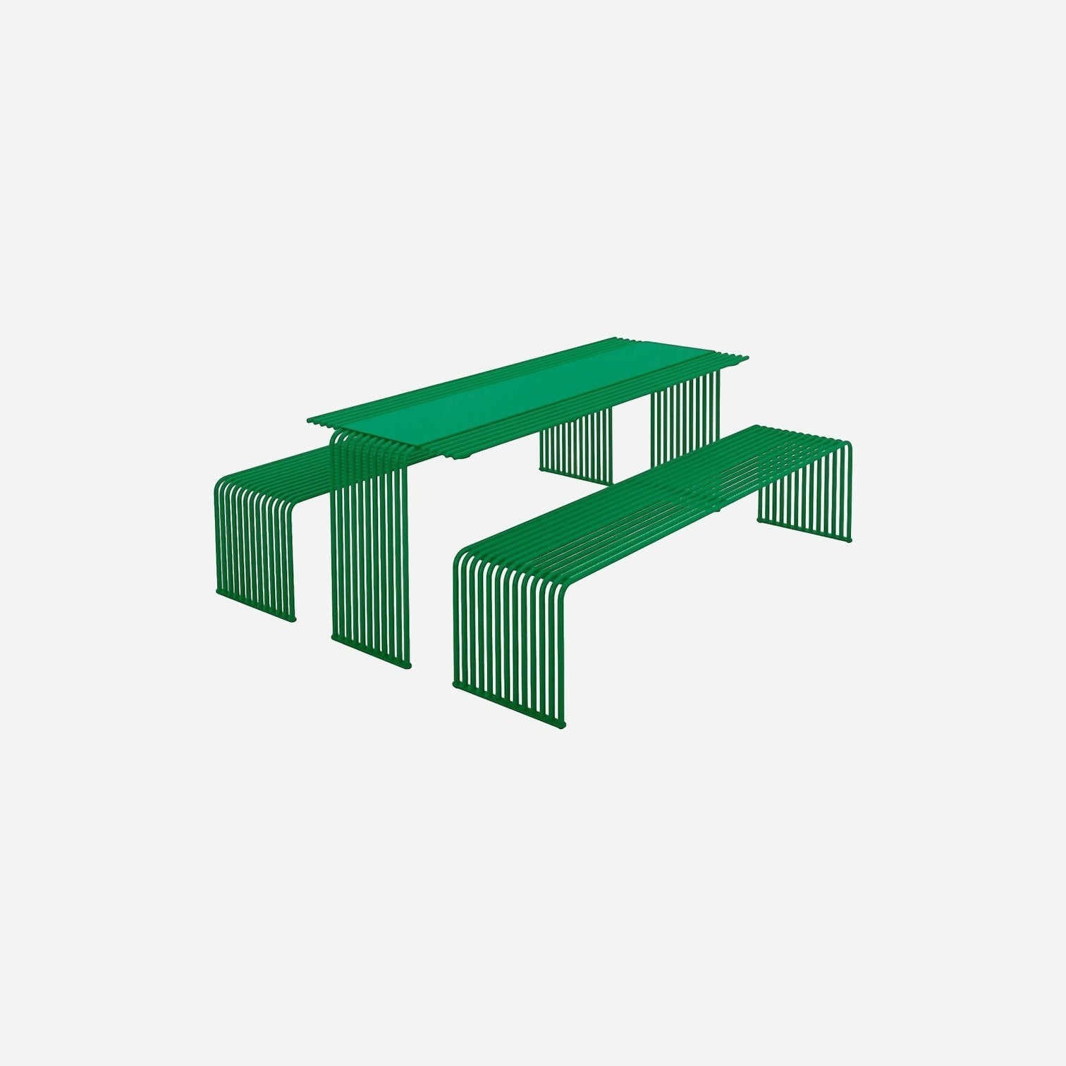 Addo Shop Zeroquindici .015 green metal table and bench set with modern minimalist slatted design