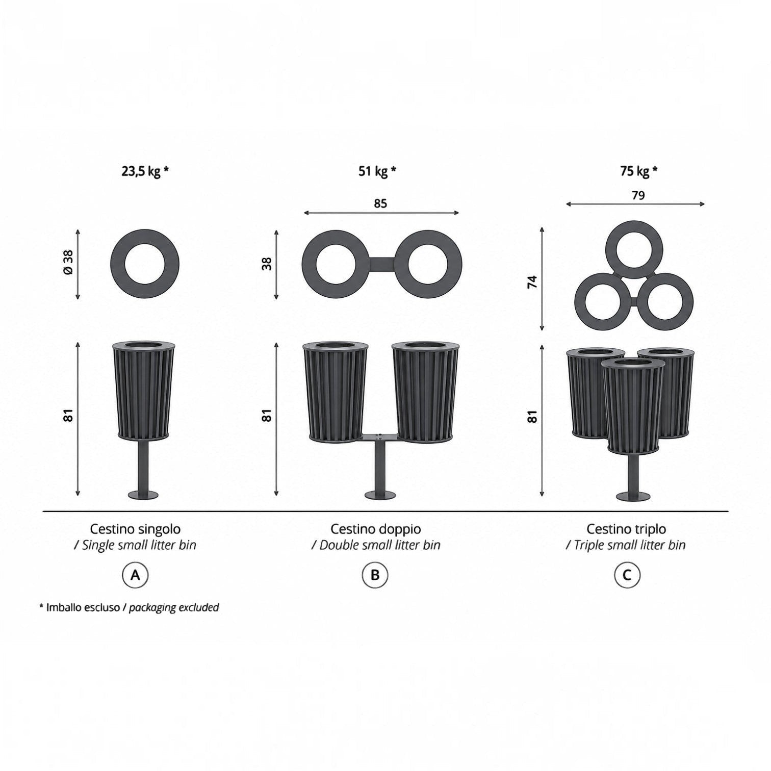 Addo Shop Zeroquindici .015 small litter bin technical drawing showing single, double, and triple configurations.