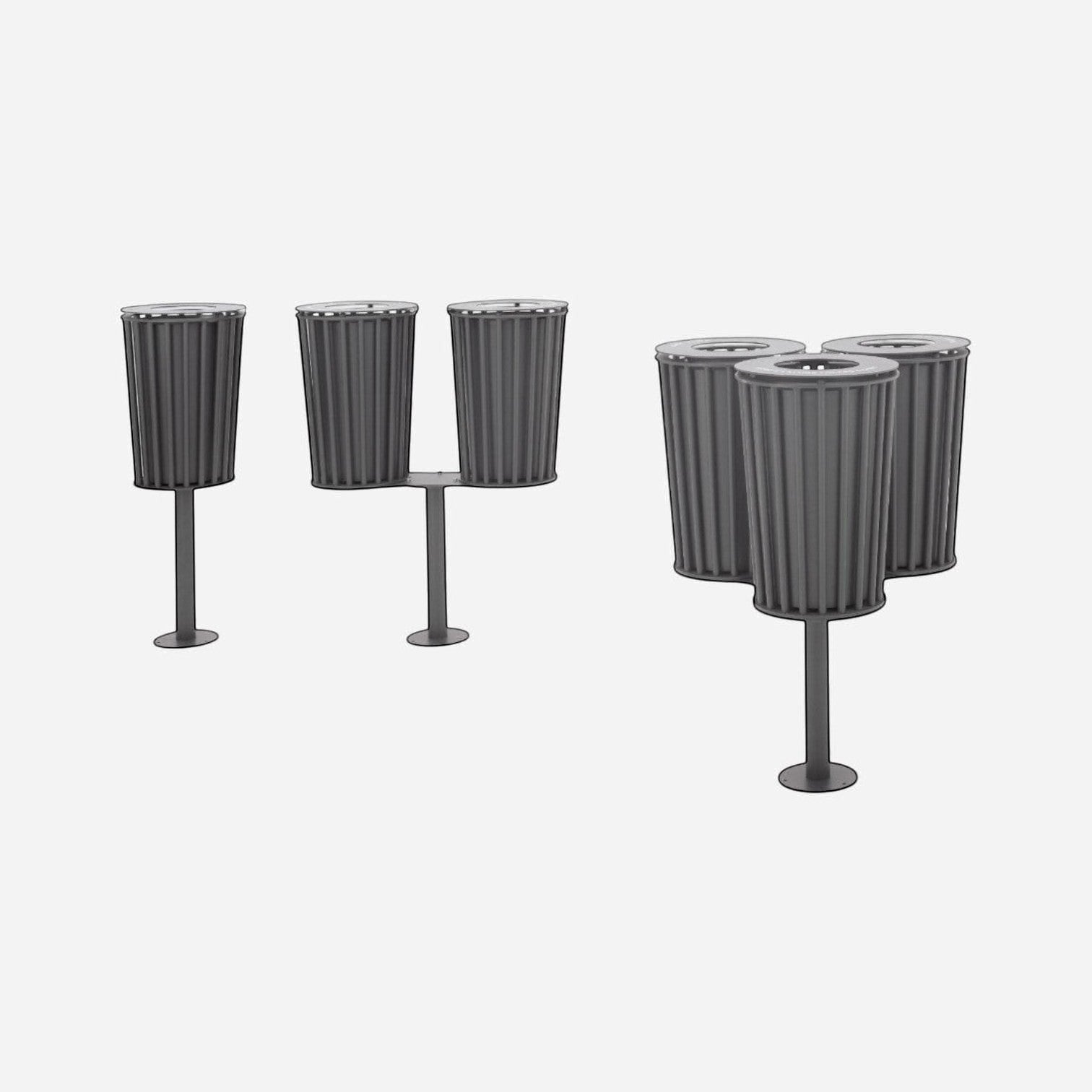 Addo Shop Zeroquindici .015 grey metal litter bins in single, double, and triple configurations for public spaces.