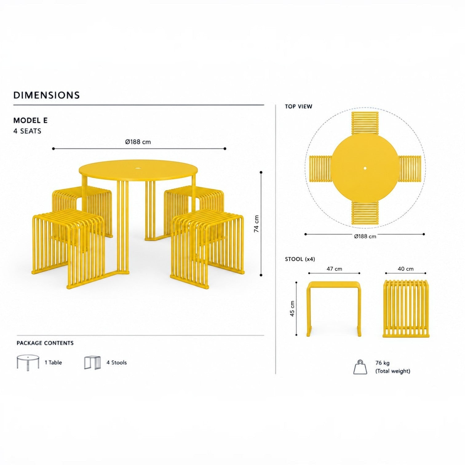 Addo Shop Zeroquindici .015 yellow metal octopus picnic table with four matching slatted stools and dimensions.