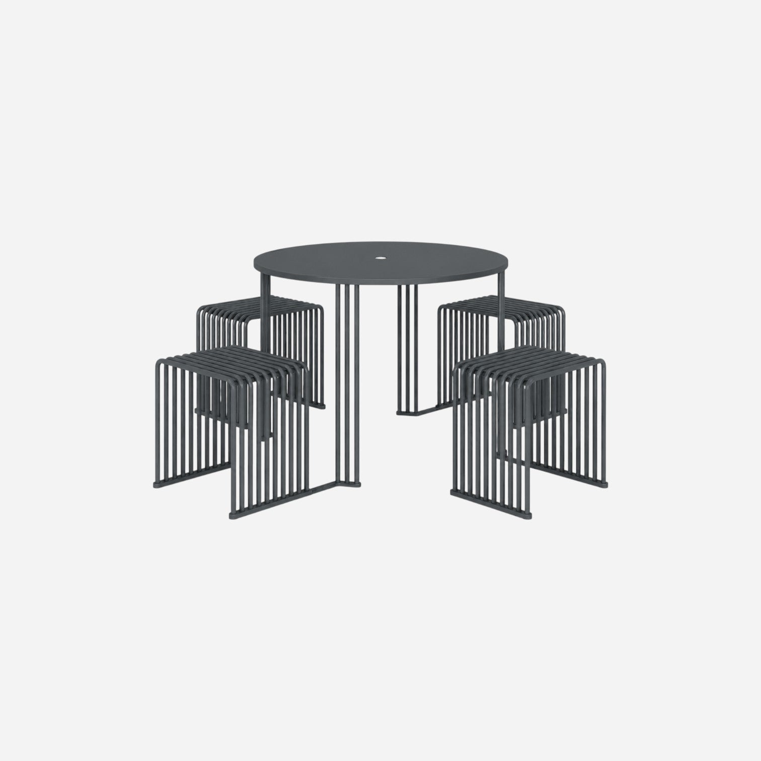 Addo Shop Zeroquindici .015 Octopus low picnic table in dark grey metal with four matching slatted stools.