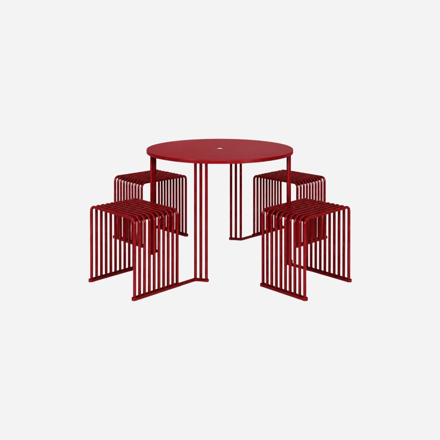 Addo Shop Zeroquindici .015 red metal Octopus picnic table with four matching slatted stools for outdoor dining.