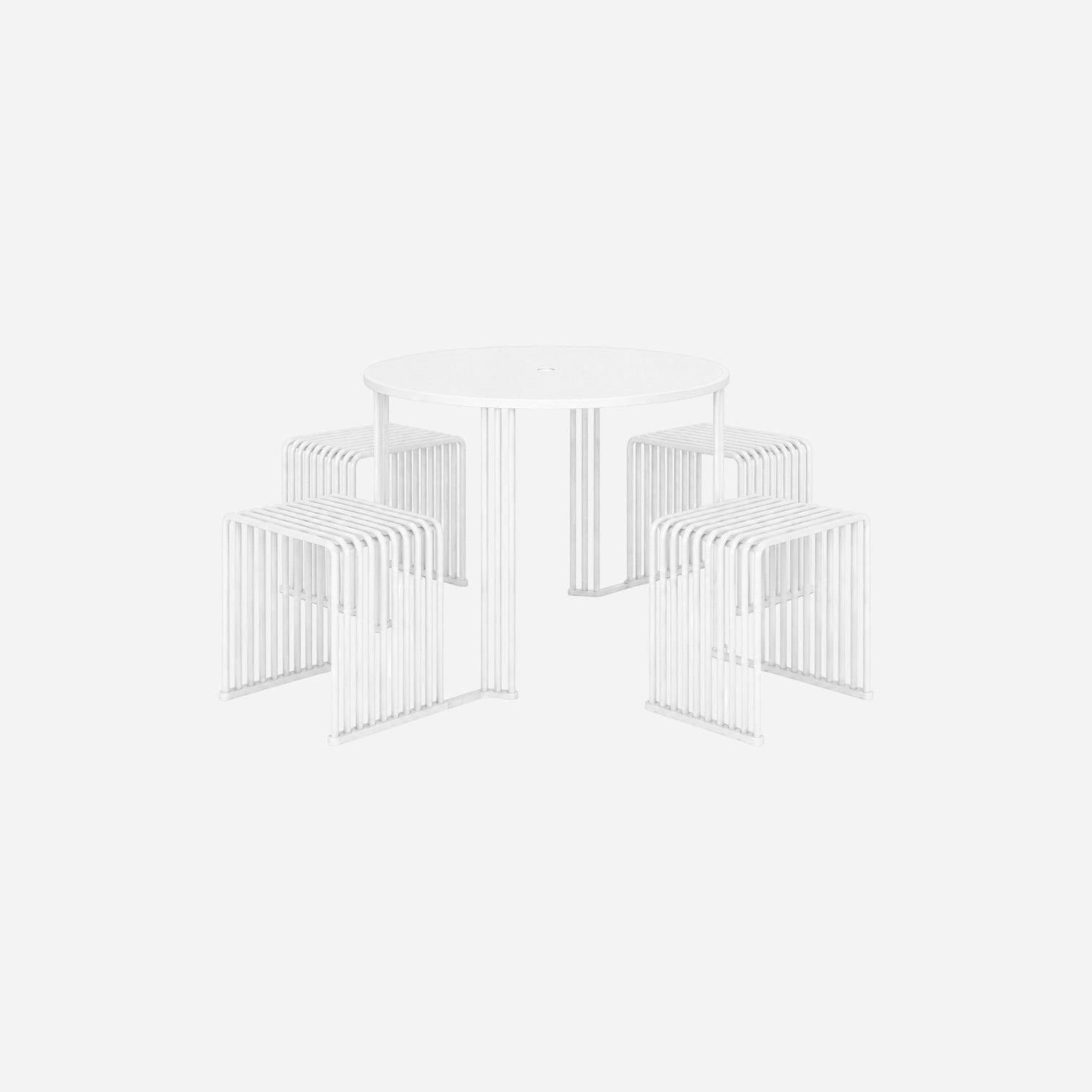 Addo Shop Zeroquindici .015 white metal round picnic table with four matching low slatted stools for modern patio.