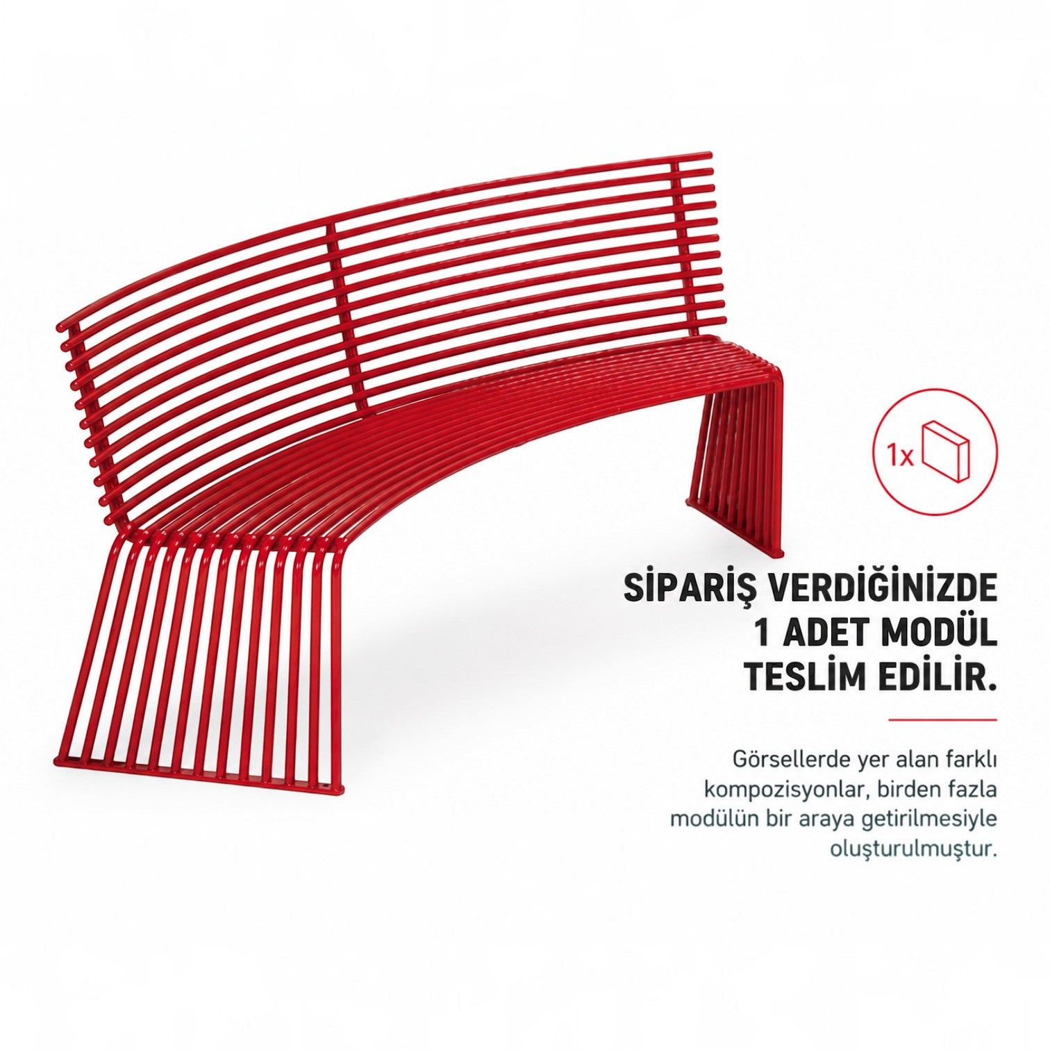 Addo Shop ZEROQUINDICI.015 curved red metal bench with a slatted backrest for modern outdoor seating.