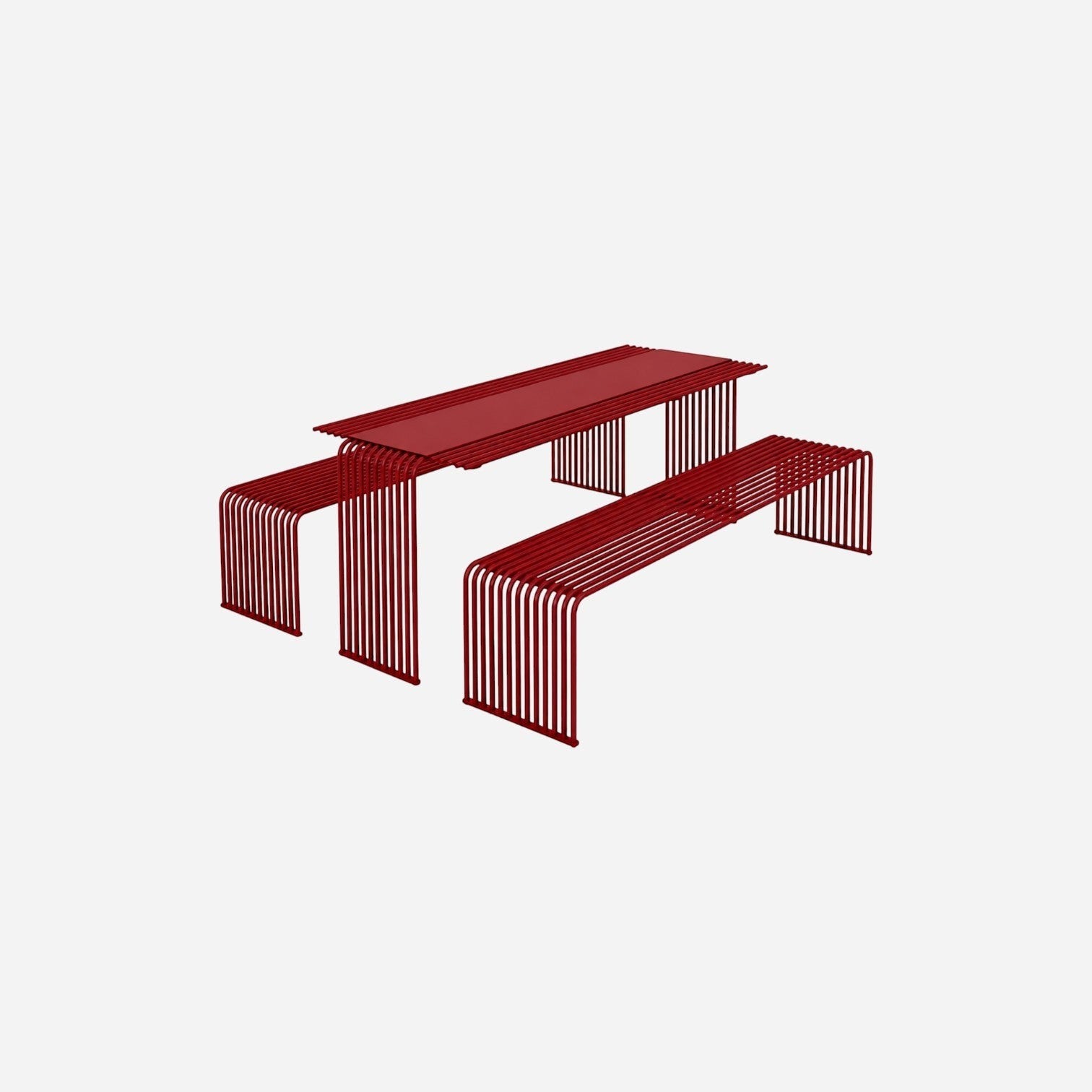 Addo Shop Zeroquindici .015 red metal dining table and bench set with a modern slatted minimalist design.