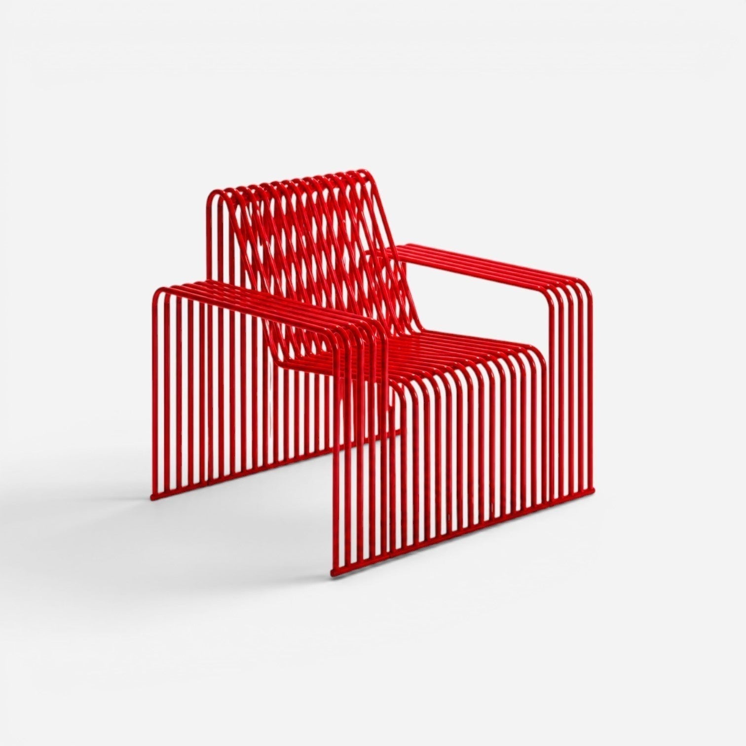 Addo Shop Zeroquindici .015 red metal wire frame sofa with armrests in a modern minimalist design.
