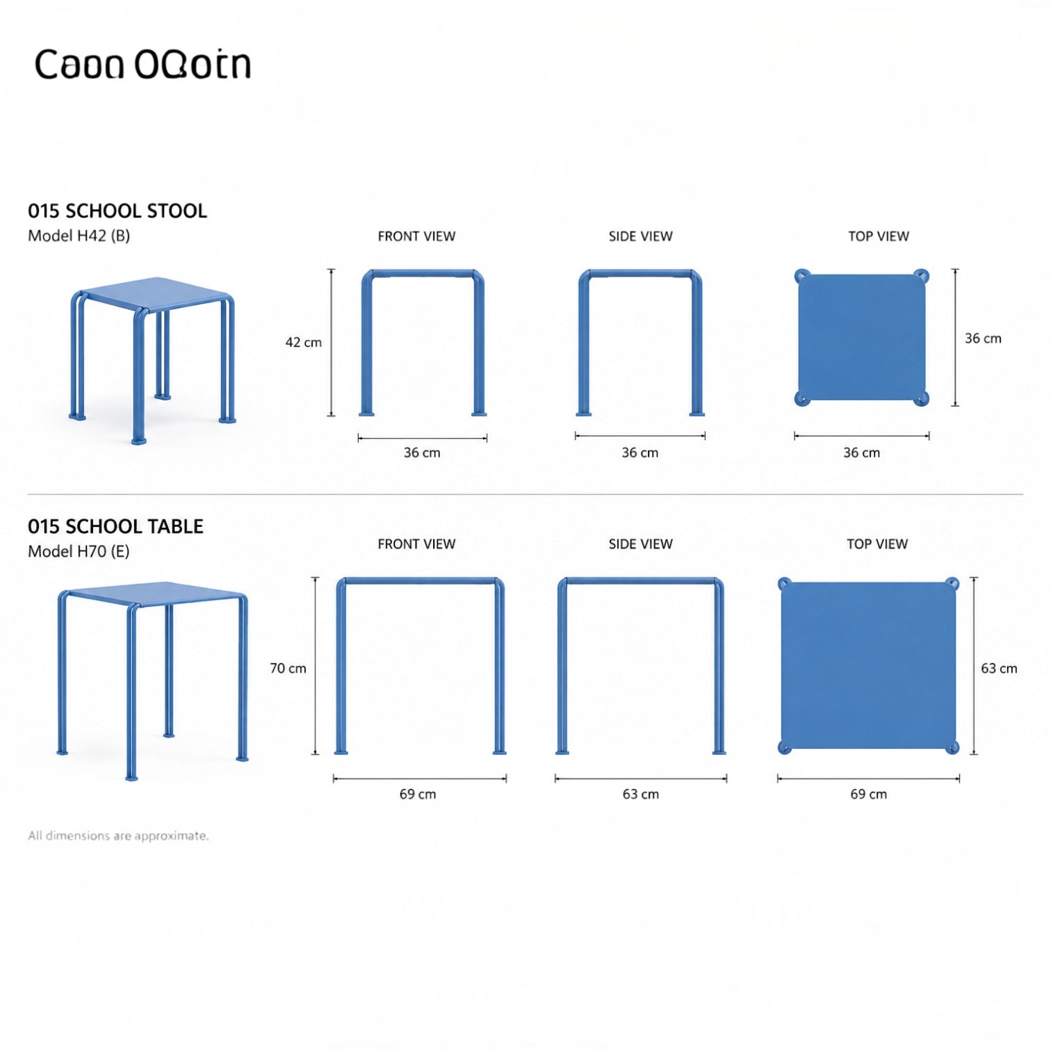 Addo Shop Zeroquindici .015 blue metal school table and stool with technical dimension diagrams and orthographic views.