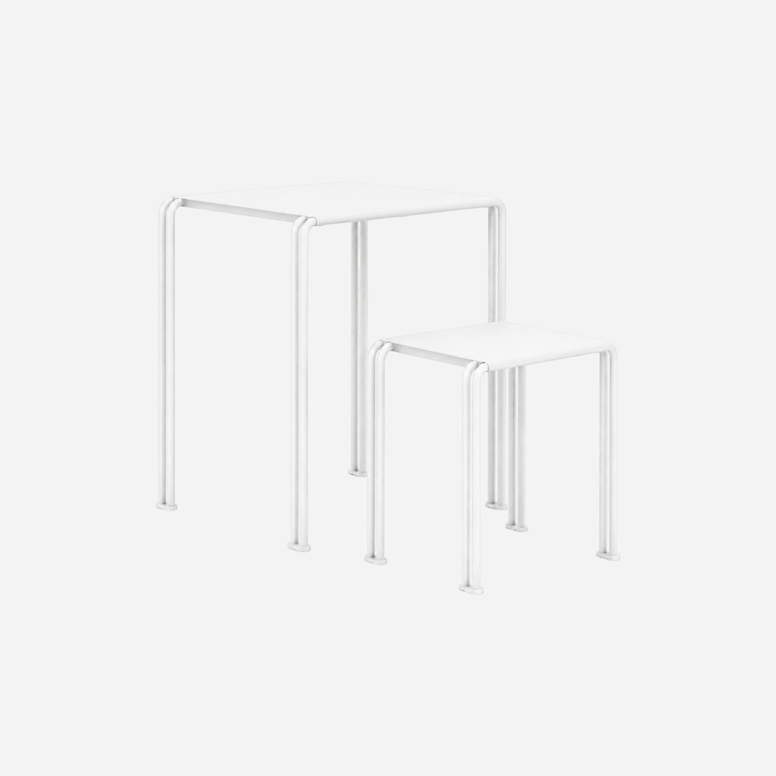 Addo Shop Zeroquindici .015 white metal school table and matching stool with minimalist tubular frame design.