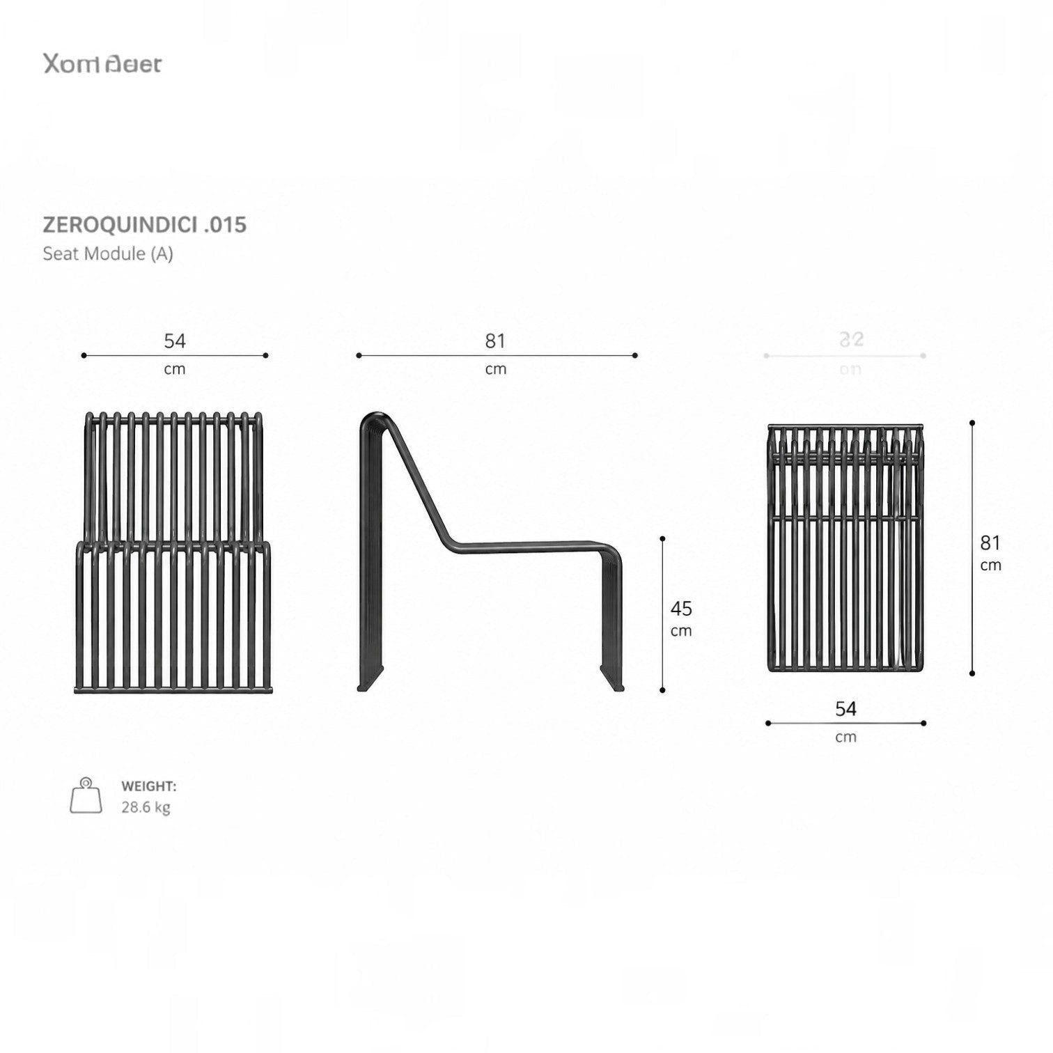 Addo Shop Zeroquindici .015 metal seat module technical drawing with dimensions in black finish