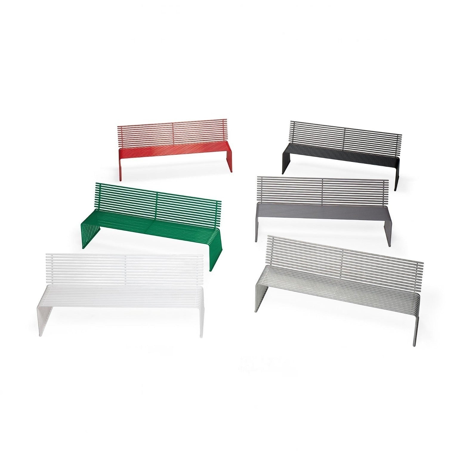 Addo Shop Zeroquindici .015 metal slatted benches with backrests in various colors including red, green, and white.