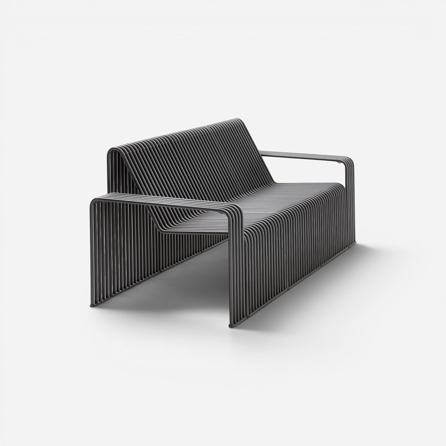 Addo Shop Zeroquindici .015 3-seater sofa in dark grey metal with a modern slatted, minimalist architectural design.