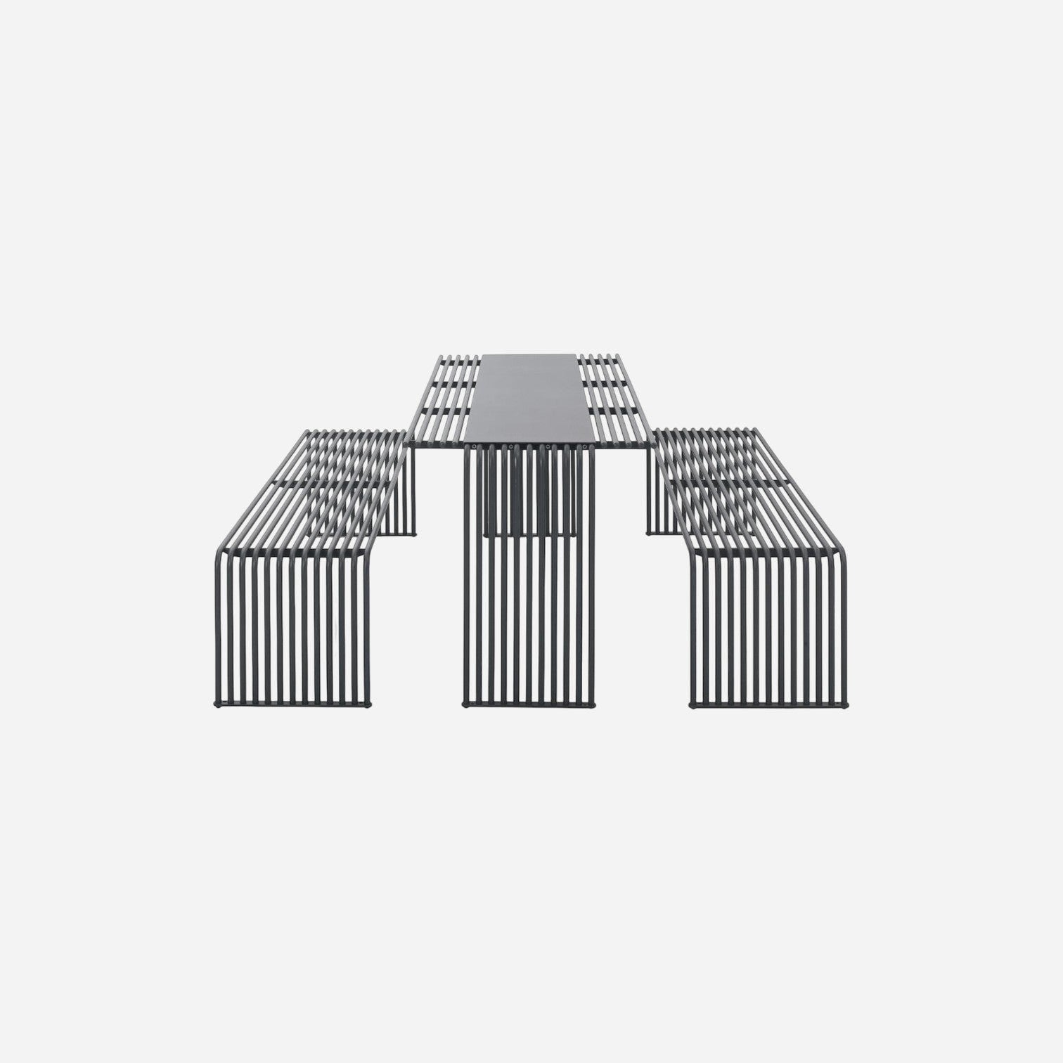 Addo Shop Zeroquindici .015 table in dark grey metal with a modern slatted design and integrated bench seating.