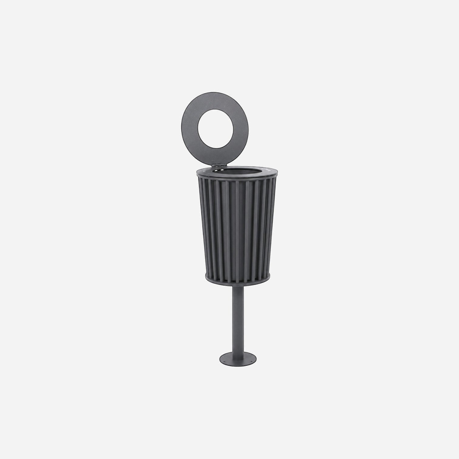 Addo Shop Zeroquindici .015 small grey metal litter bin with a circular lid and ribbed cylindrical design