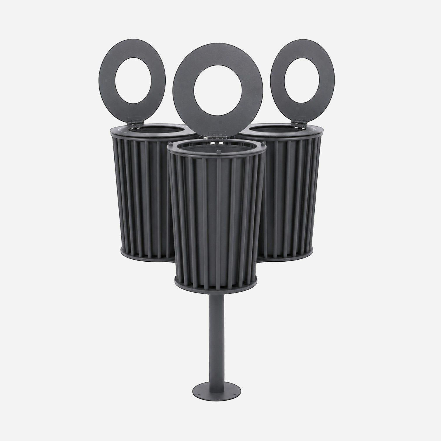 Addo Shop Zeroquindici .015 small grey metal litter bin with three cylindrical containers on a single post.