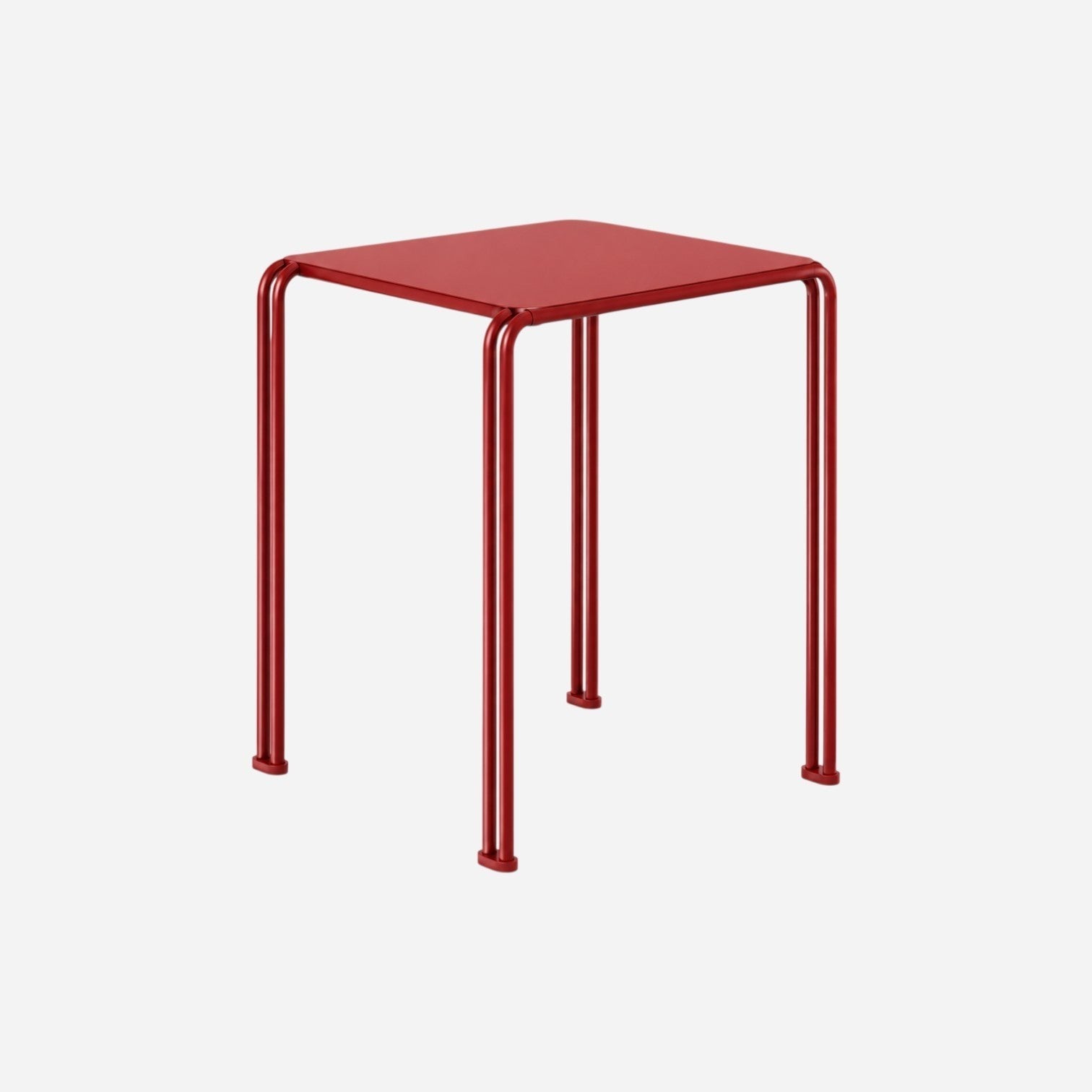 Addo Shop Zeroquindici .015 squared metal side table in vibrant red with a minimalist tubular leg design.