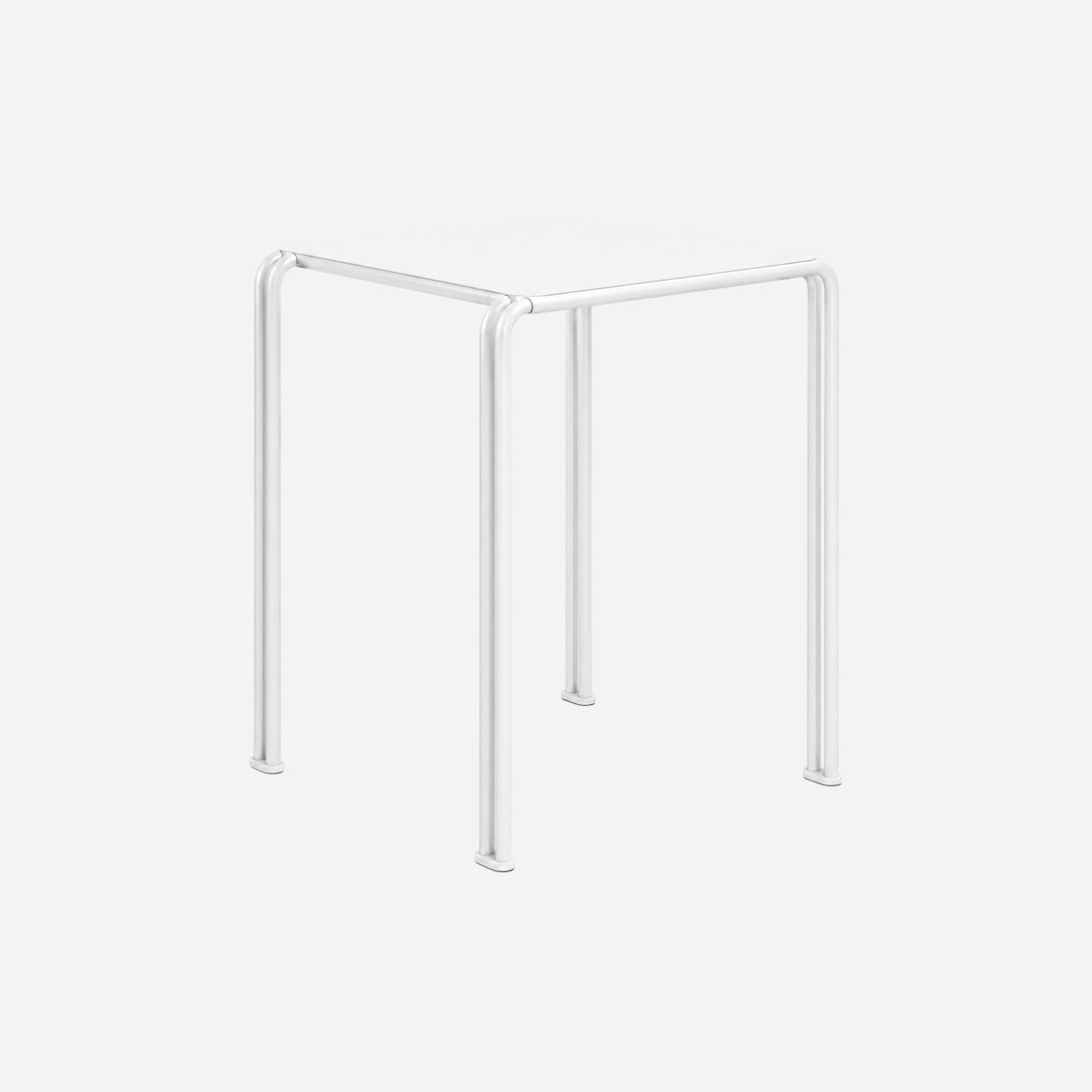 Addo Shop Zeroquindici .015 minimalist white square metal table with slender tubular legs on a white background.