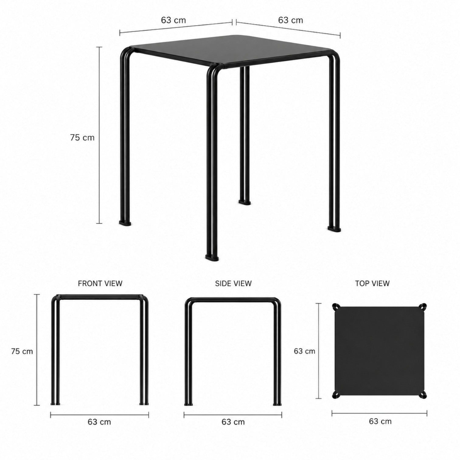 Addo Shop Zeroquindici .015 black metal square dining table with dimensions shown in front, side, and top views.