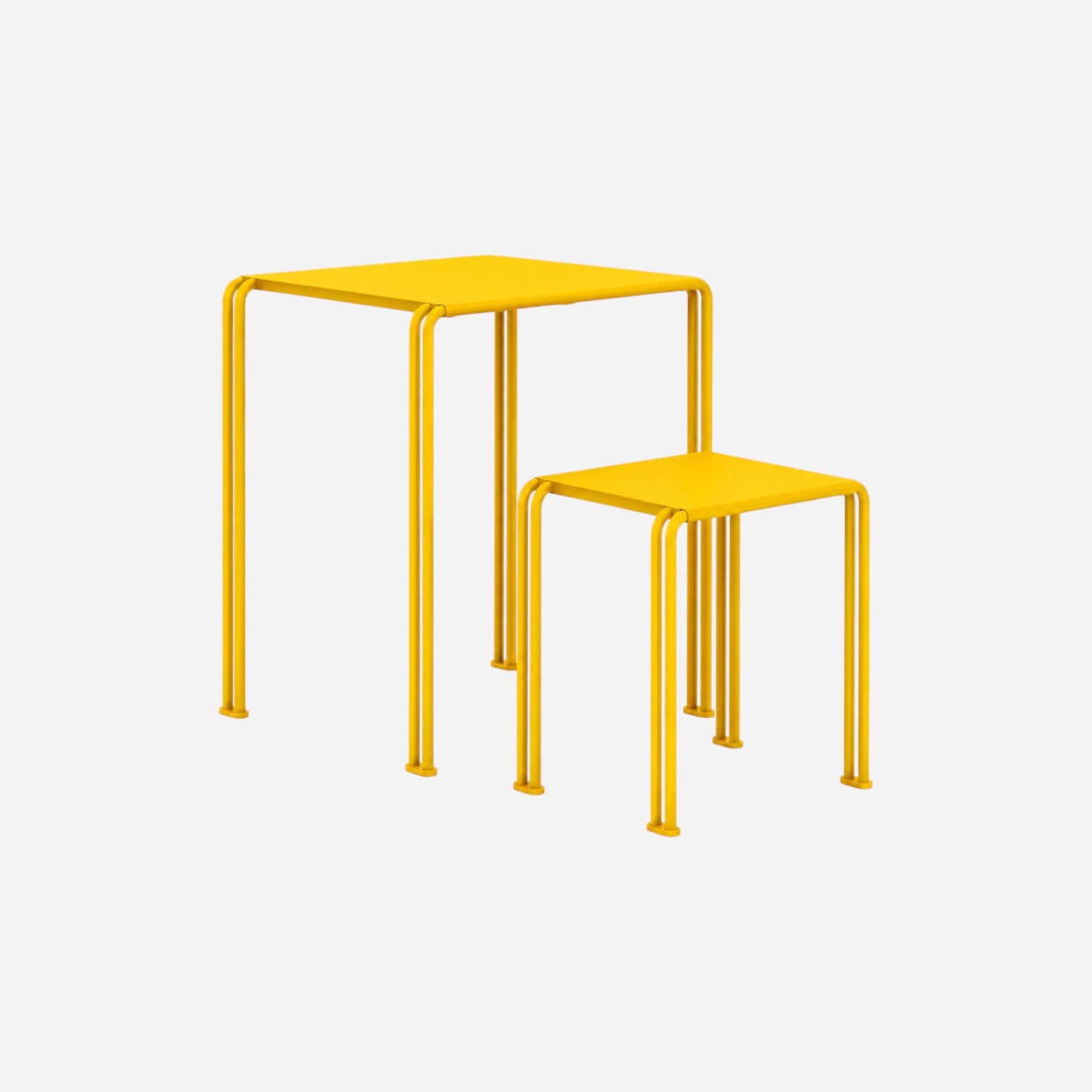 Addo Shop Zeroquindici .015 yellow metal school table and matching stool with minimalist tubular frame design.