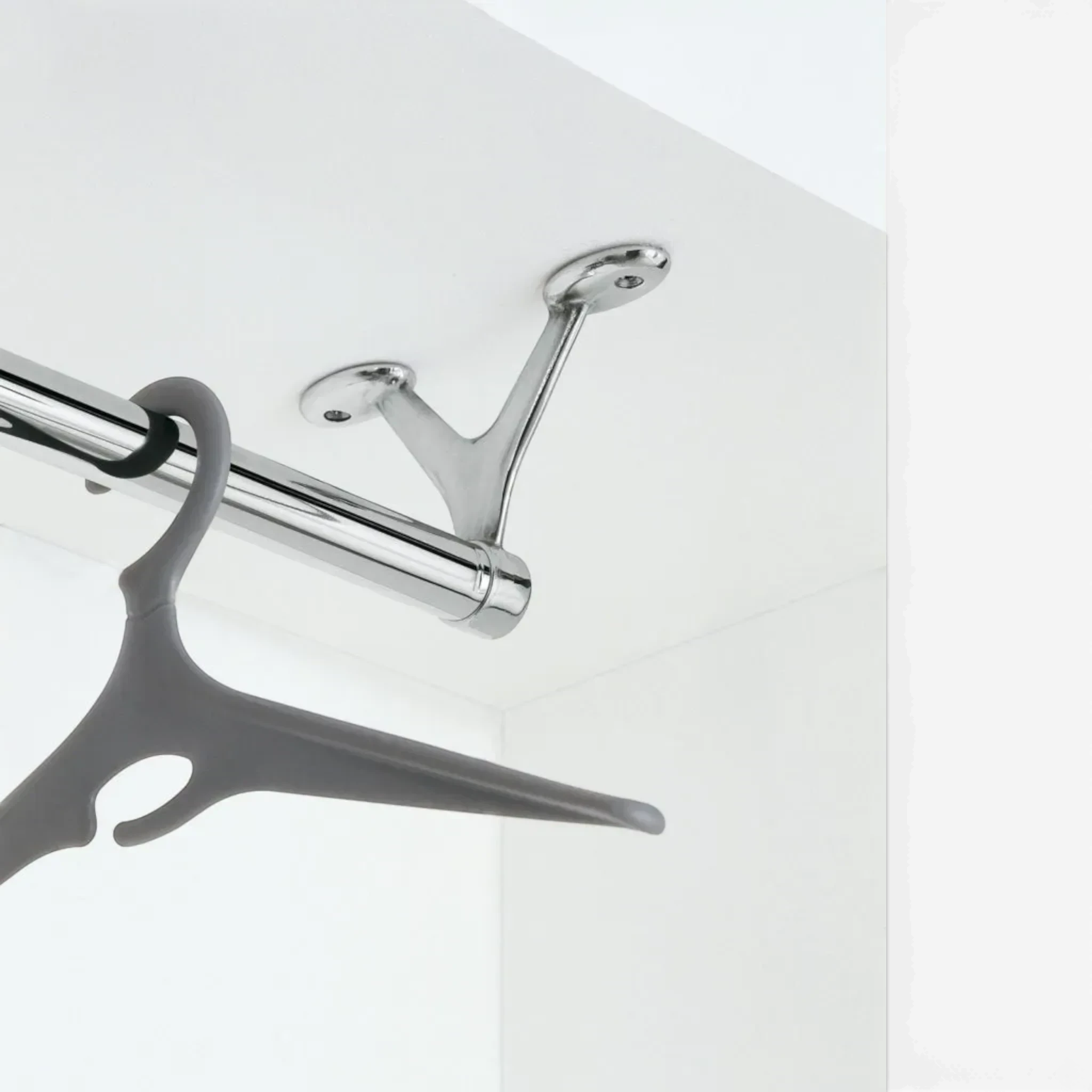 Addo Shop Ambrogio chrome wall-mounted coat rail with a grey hanger.