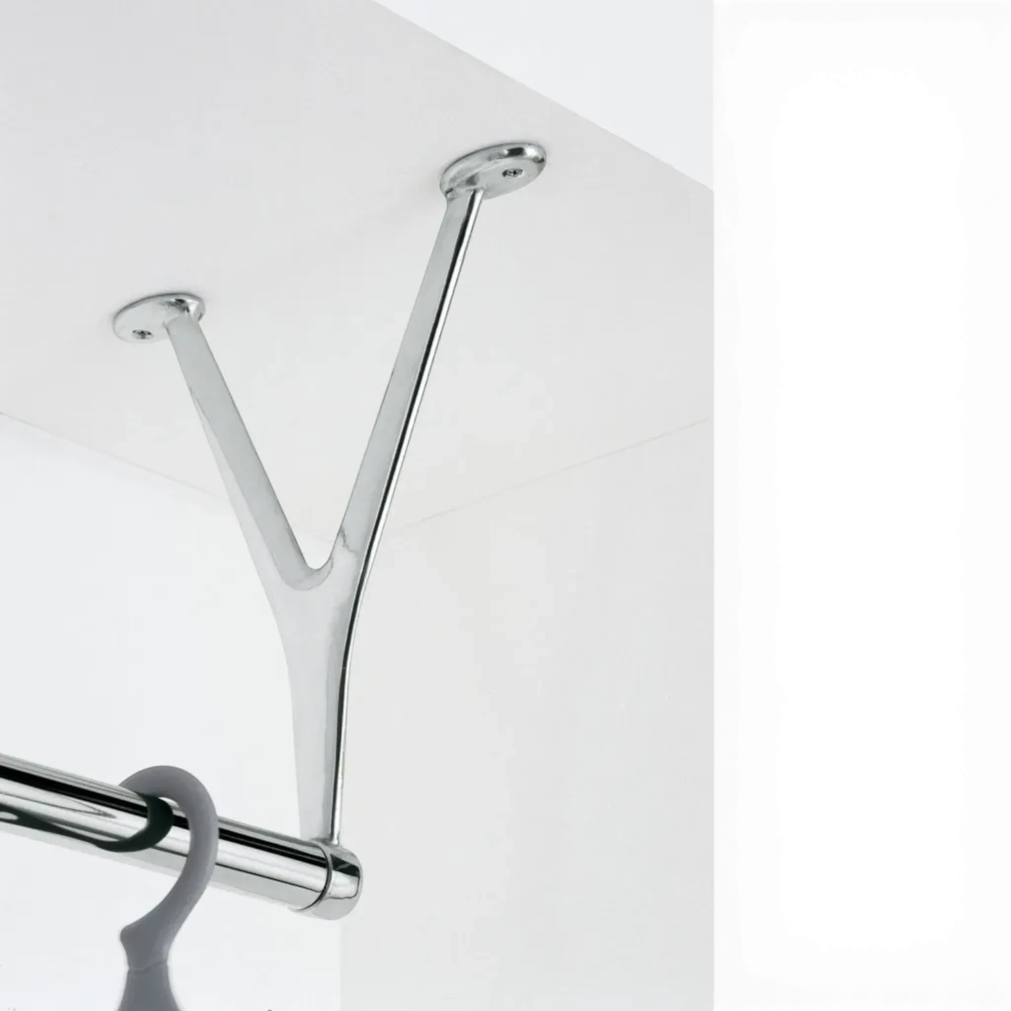Addo Shop Ambrogio chrome coat stand support with a Y-shaped arm attached to a ceiling.