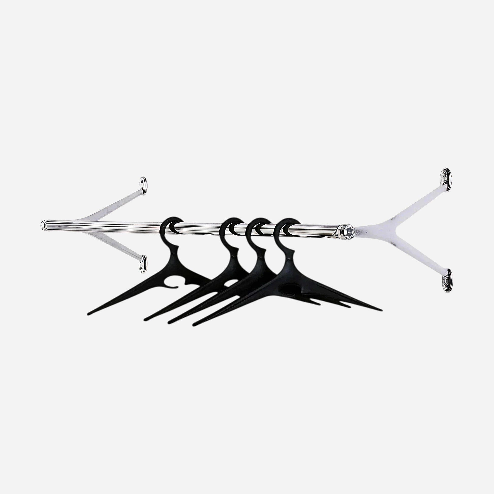 Addo Shop Ambrogio wall-mounted coat rack with chrome bar and 4 black hangers, white end piece.
