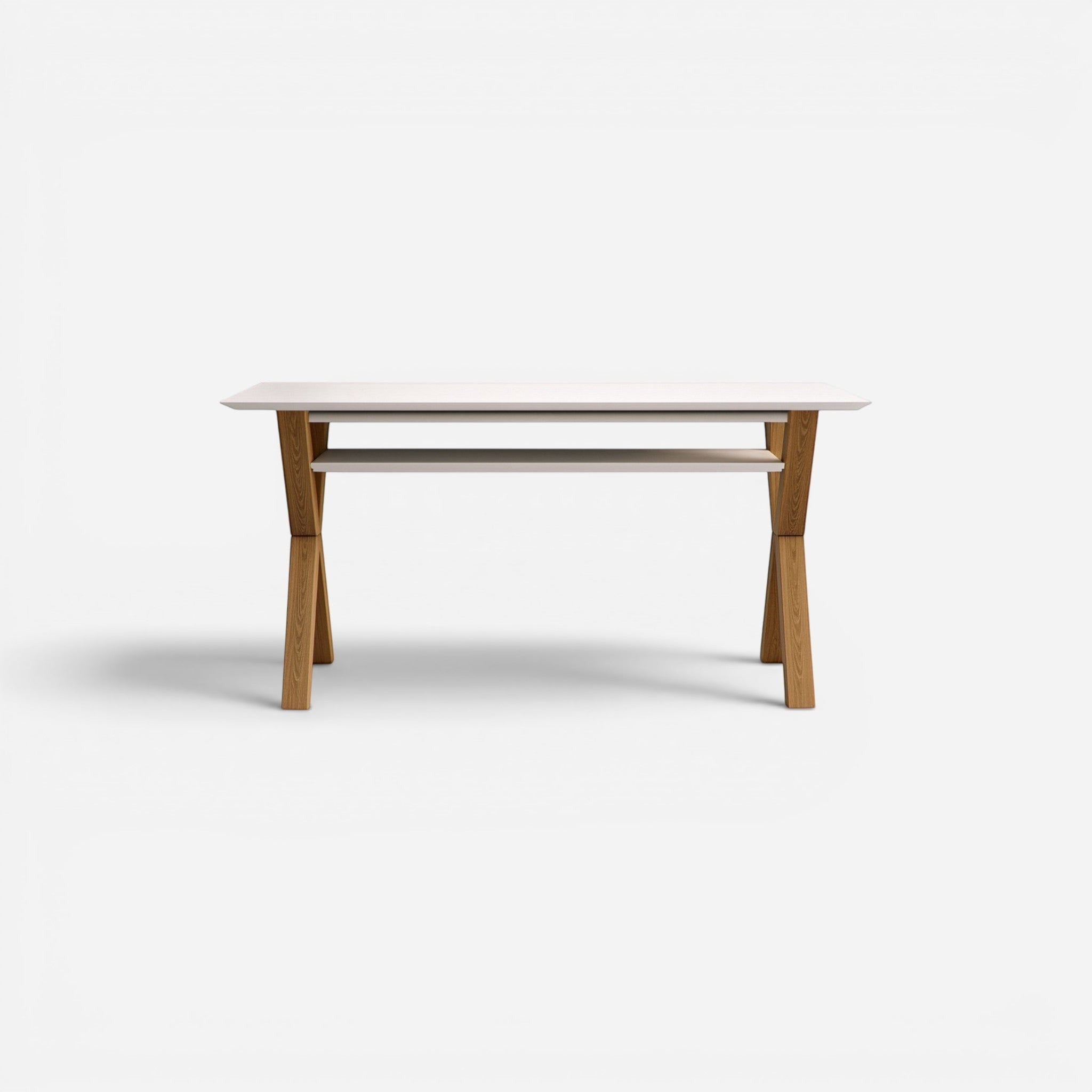 Addo Shop Arcano High desk with white laminate top and wood legs, featuring a built-in shelf.