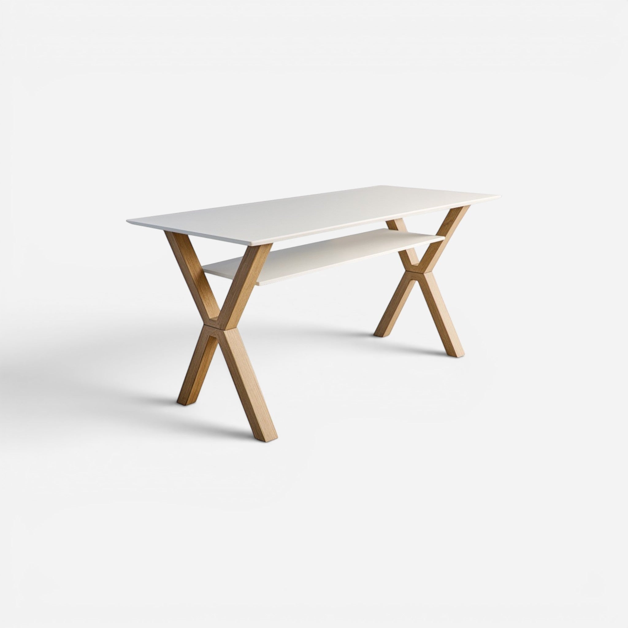 Addo Shop Arcano High desk with white laminate top and wooden X-shaped legs, featuring a lower shelf. Modern design.