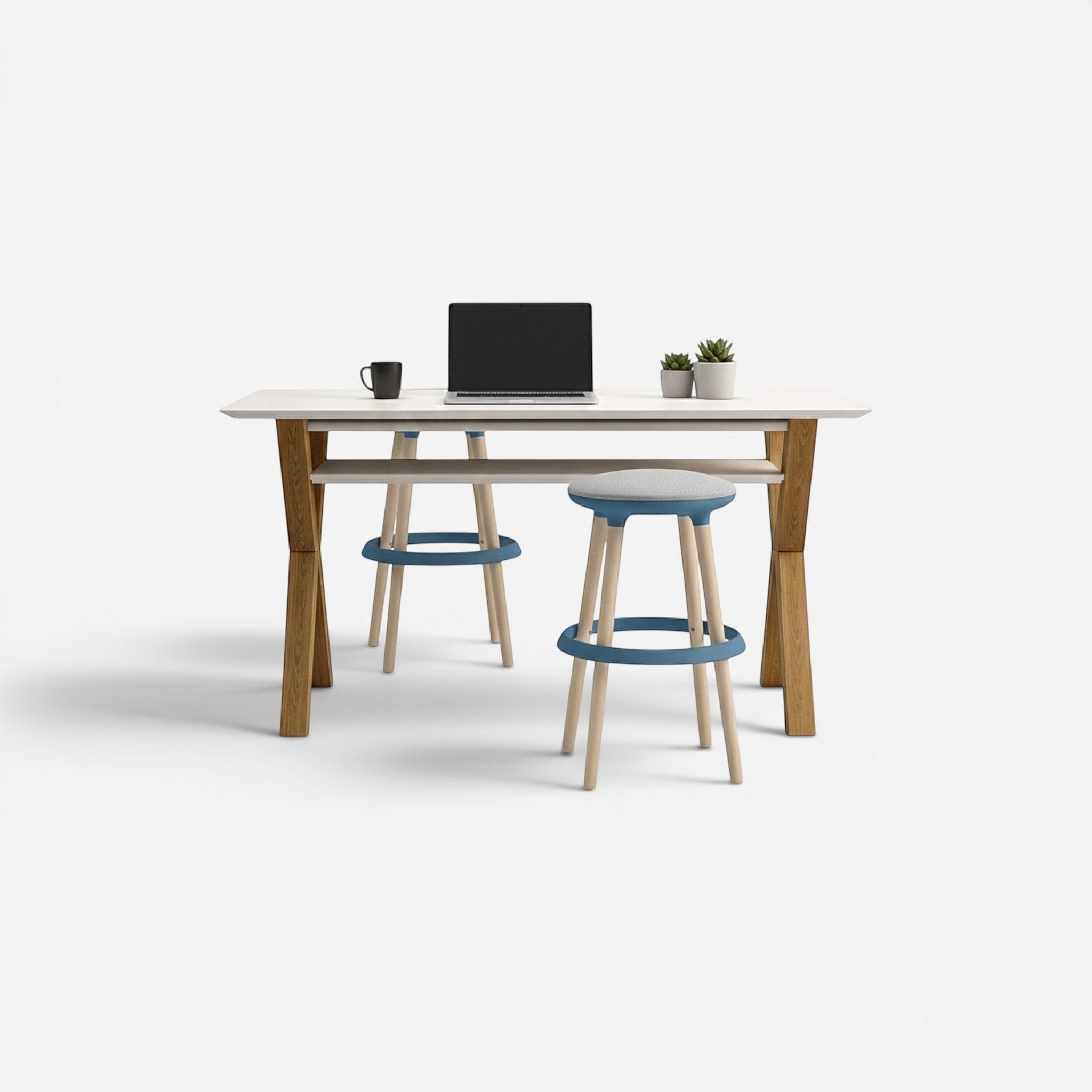 Addo Shop Arcano High table with white laminate top, wood legs, and blue stool. Modern design for workspace.