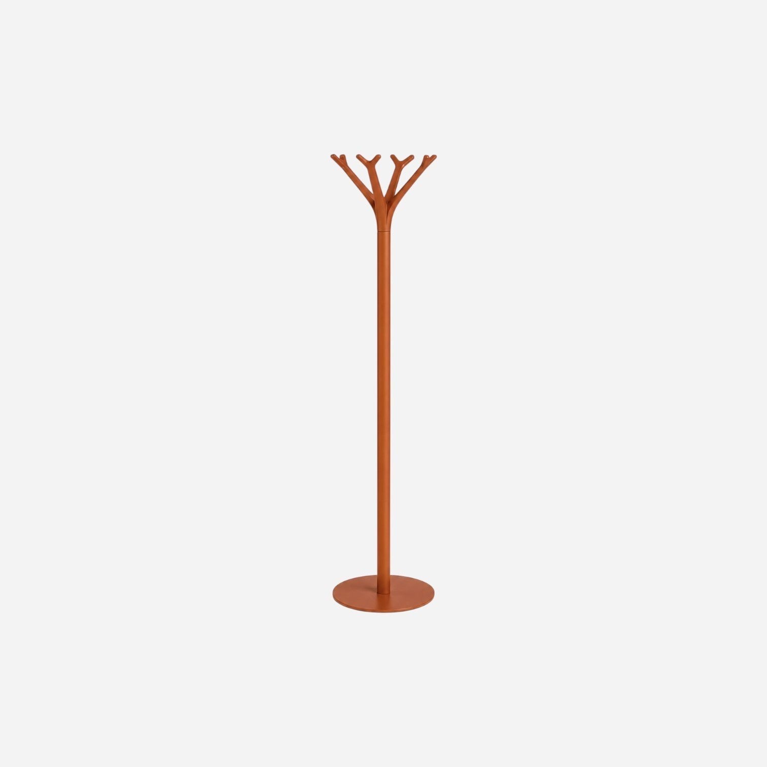 Addo Shop Battista coat stand in burnt orange with a tree-like design and round base.