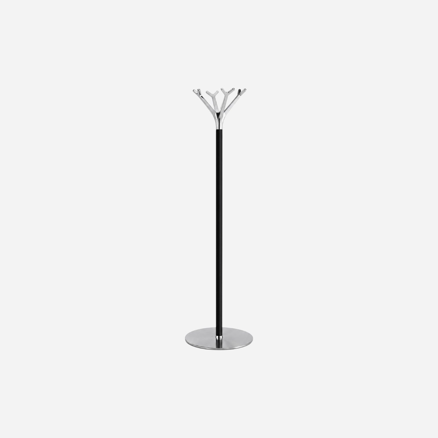 Addo Shop Battista Coat Stand with chrome branches and black stem on a silver base.